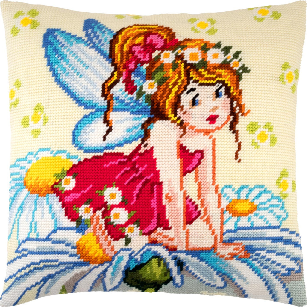 Brvsk Fairytale Stamped Cross-Stitch Kit for Adults and Beginners — Fairy 16″ × 16″ with Clear, Precise Printed Design on Cotton Canvas; Includes 2 Needles, Yarn, and Easy-Read Chart