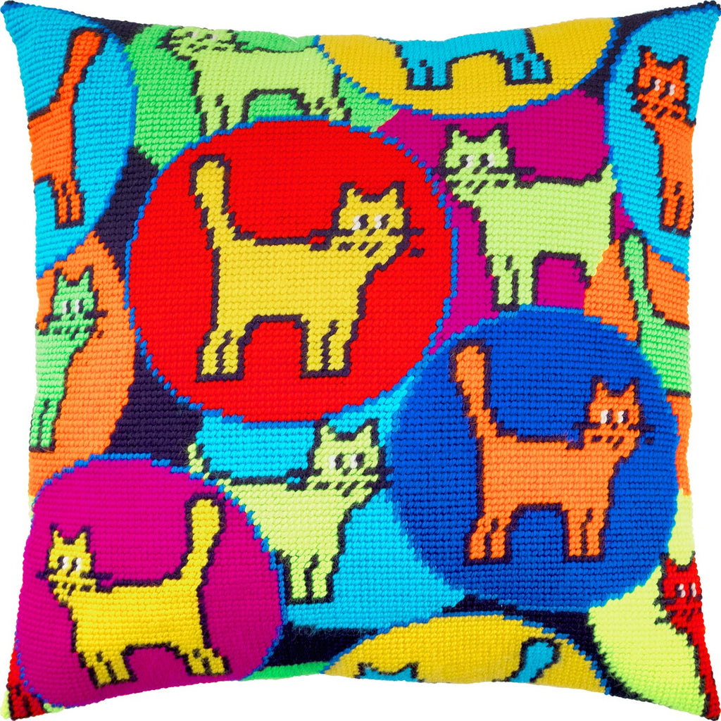 Brvsk Ferine Stamped Cross-Stitch Kit for Adults and Beginners — Kaleidoscope of Cats 16″ × 16″ with Clear, Precise Printed Design on Cotton Canvas; Includes 2 Needles, Yarn, and Easy-Read Chart