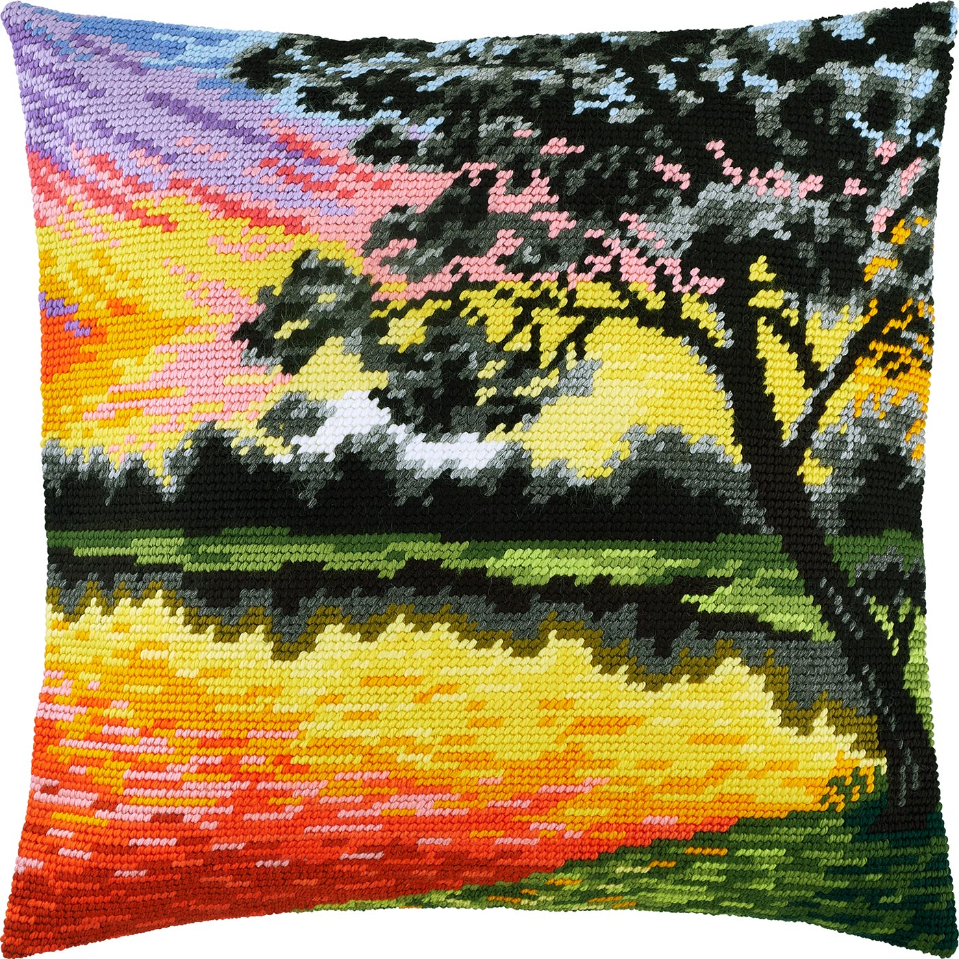 Brvsk Landscape Embroidery Kit for Adults and Beginners — Sunset 16″ × 16″ with Clear, Precise Printed Design on Cotton Canvas; Includes 2 Needles, Yarn, and Easy-Read Chart