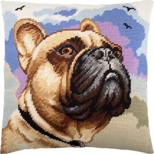 Brvsk Dog Stamped Cross-Stitch Kit for Adults and Beginners — French Bulldog 16″ × 16″ with Clear, Precise Printed Design on Cotton Canvas; Includes 2 Needles, Yarn, and Easy-Read Chart