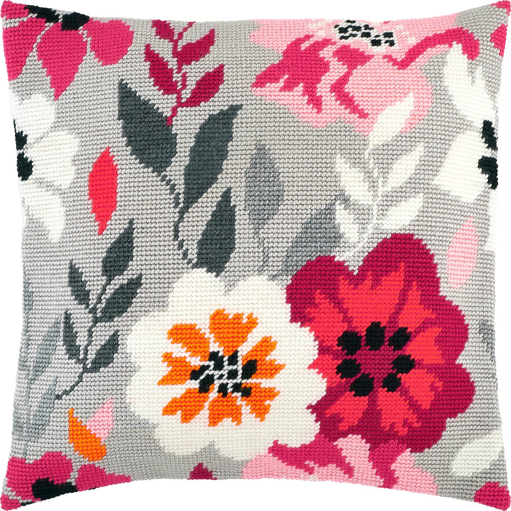 Brvsk Needlepoint Pillow Kit — Pink Flowers, 16″ × 16″