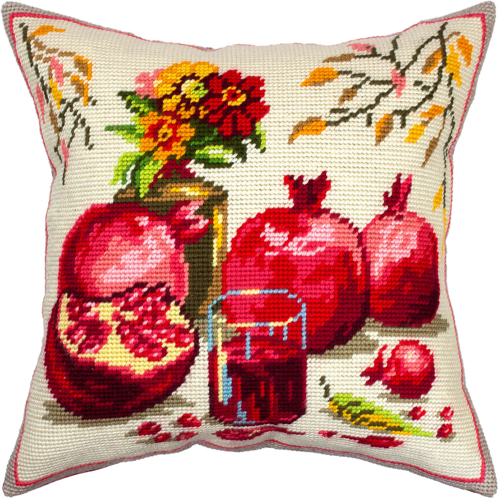 Brvsk Still Life Stamped Cross-Stitch Kit for Adults and Beginners — Pomegranate Juice 16″ × 16″ with Clear, Precise Printed Design on Cotton Canvas; Includes 2 Needles, Yarn, and Easy-Read Chart