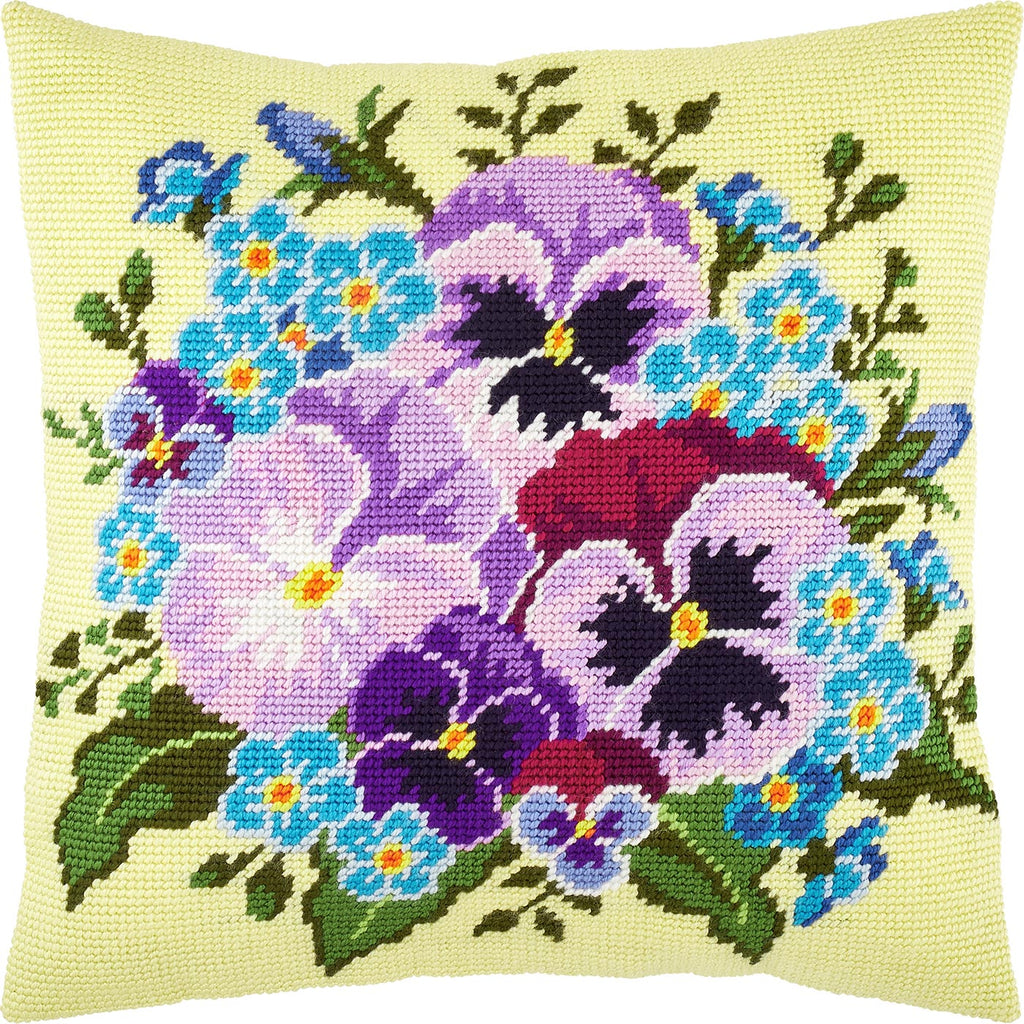 Brvsk Floral Needlepoint Kit for Adults and Beginners — Bouquet of Pansies 16″ × 16″ with Clear, Precise Printed Design on Cotton Canvas; Includes 2 Needles, Yarn, and Easy-Read Chart