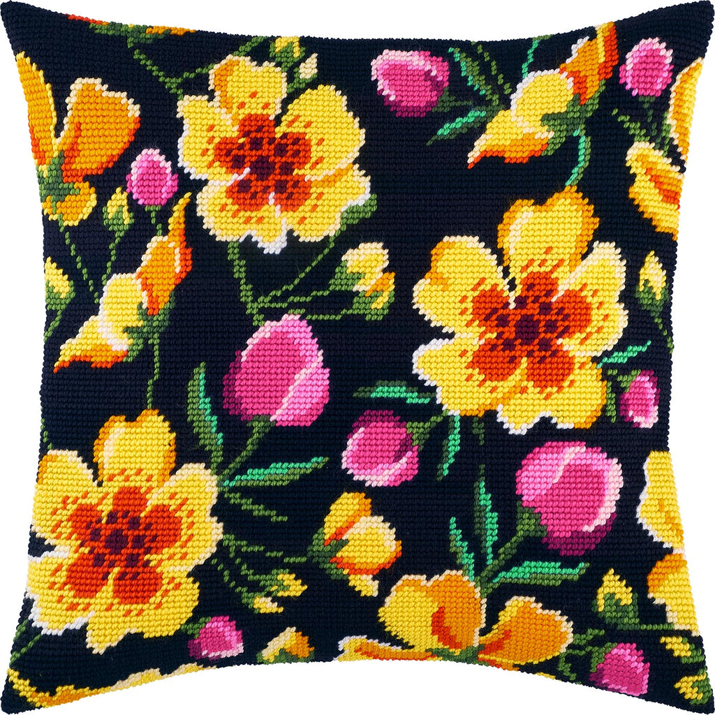 Brvsk Floral Stamped Cross-Stitch Kit for Adults and Beginners — Hedge of Flowers 16″ × 16″ with Clear, Precise Printed Design on Cotton Canvas; Includes 2 Needles, Yarn, and Easy-Read Chart