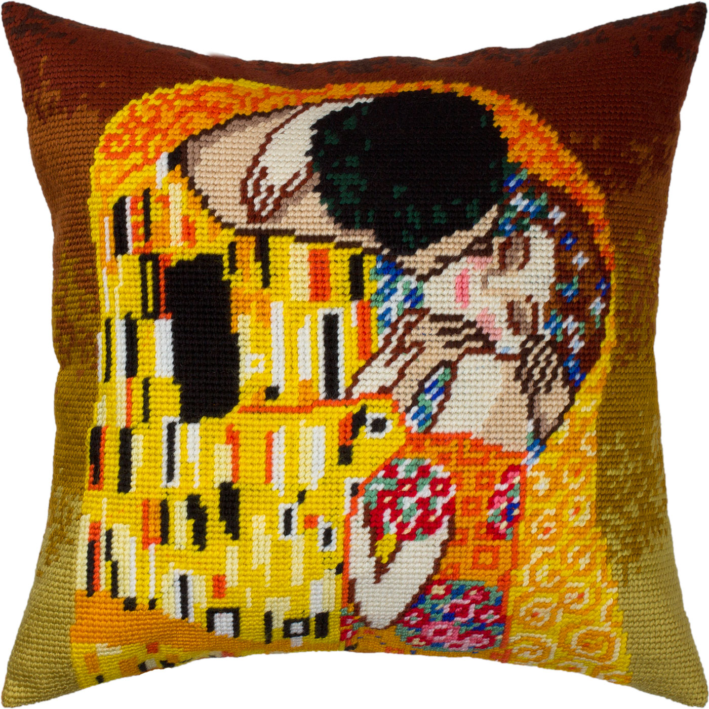 Brvsk Romantic Embroidery Kit for Adults and Beginners — The Kiss by Gustav Klimt 16″ × 16″ with Clear, Precise Printed Design on Cotton Canvas; Includes 2 Needles, Yarn, and Easy-Read Chart