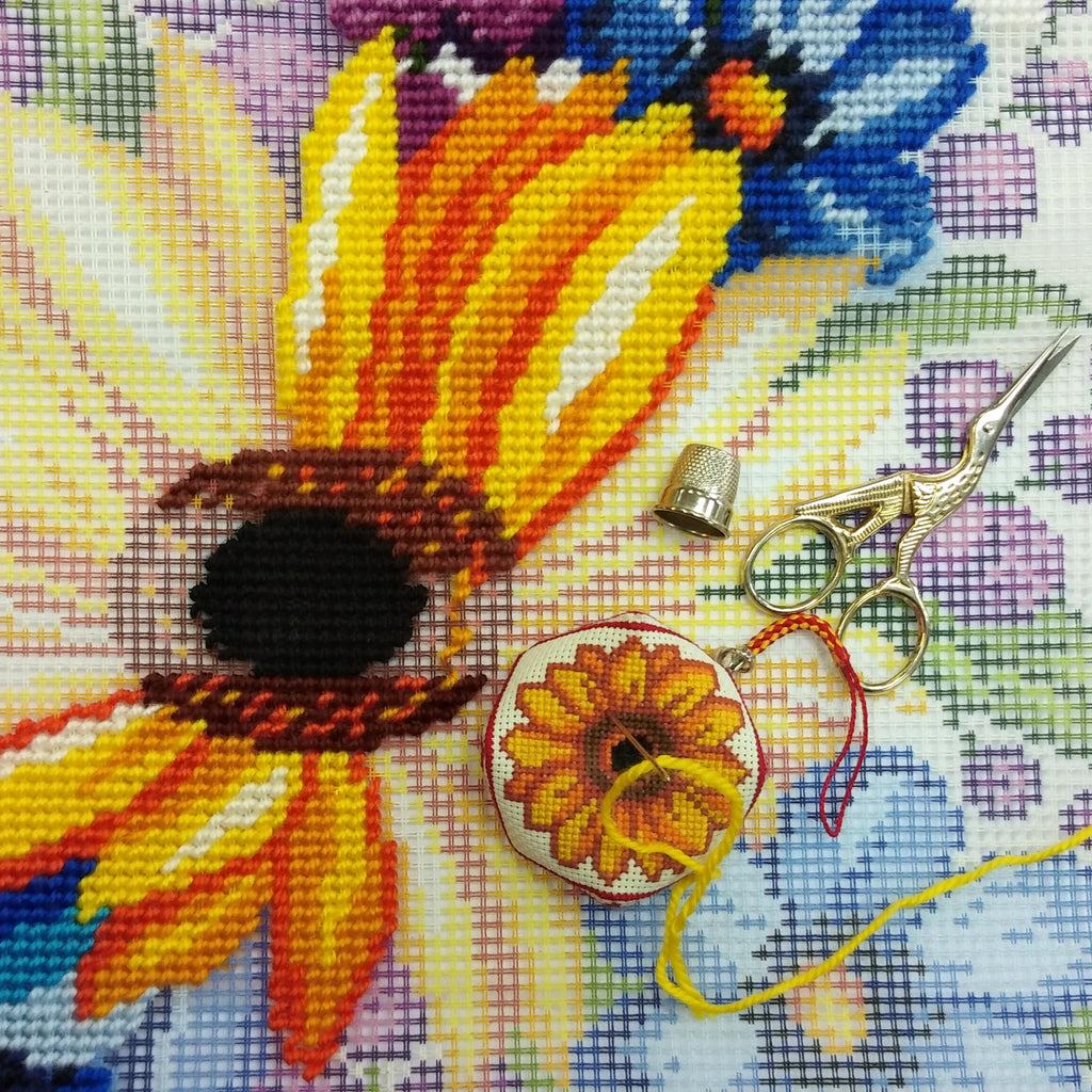 Sunflower among flowers — Needlepoint Kit 16″ × 16″ by Brvsk