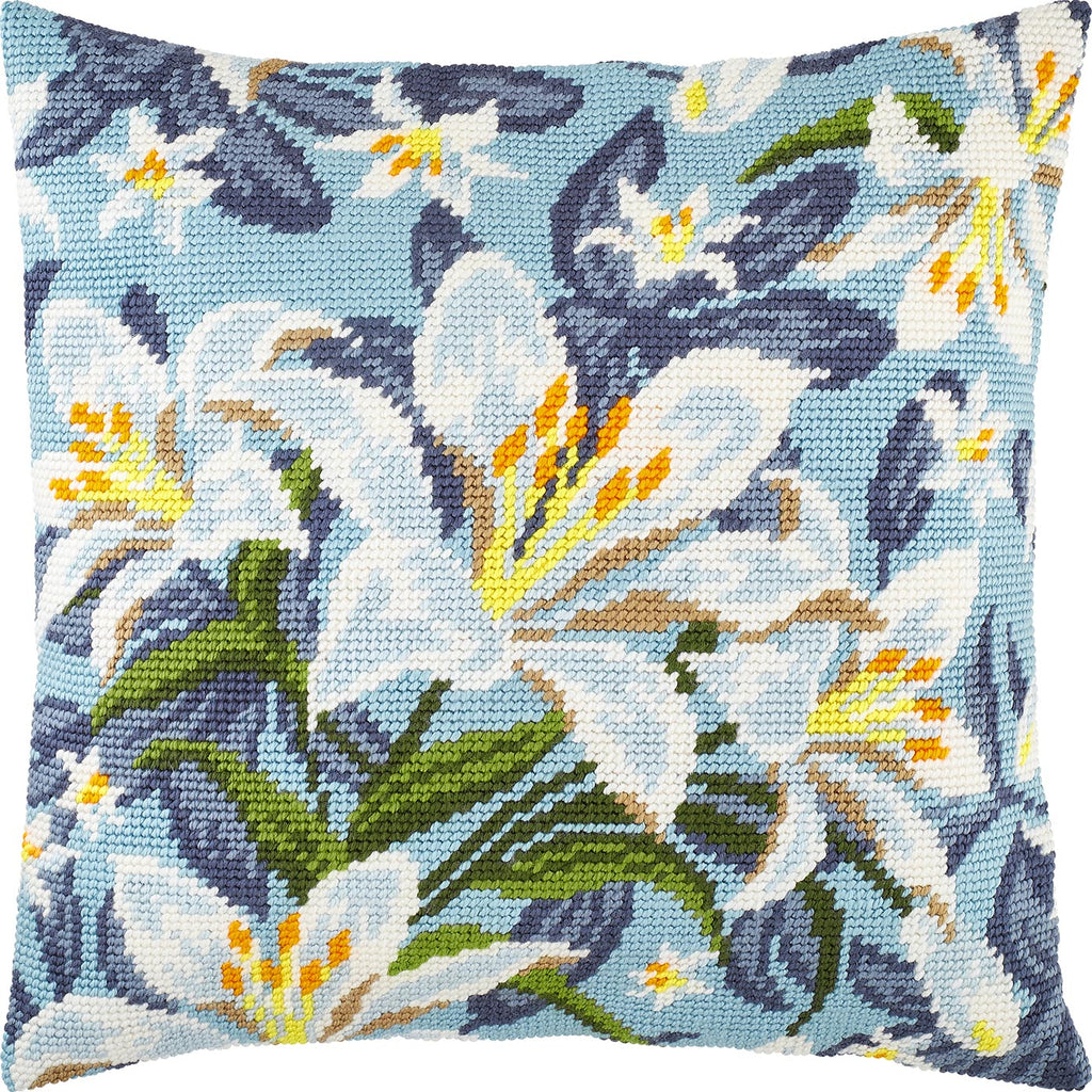 Brvsk Floral Needlepoint Kit for Adults and Beginners — White Lilies 16″ × 16″ with Clear, Precise Printed Design on Cotton Canvas; Includes 2 Needles, Yarn, and Easy-Read Chart