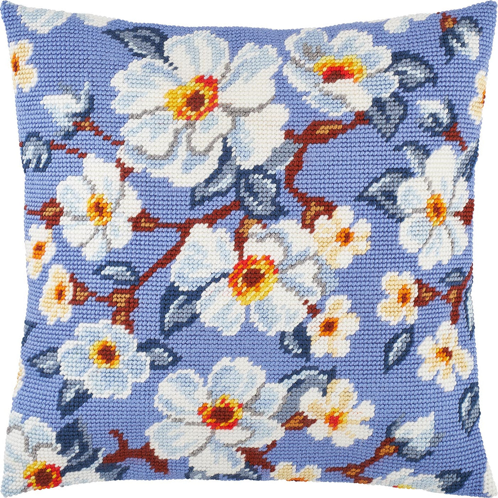 Brvsk Floral Stamped Cross-Stitch Kit for Adults and Beginners — Apple Bloom 16″ × 16″ with Clear, Precise Printed Design on Cotton Canvas; Includes 2 Needles, Yarn, and Easy-Read Chart