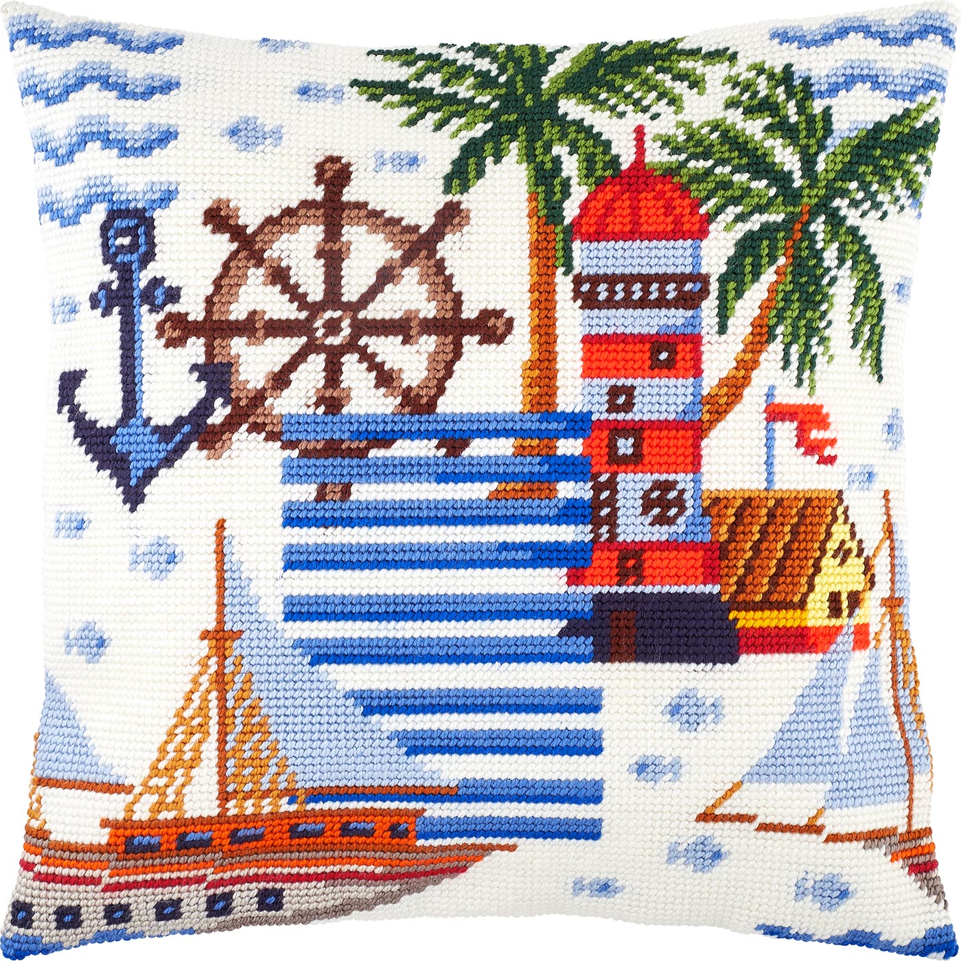 Brvsk Marine Embroidery Kit for Adults and Beginners — Overseas Adventure 16″ × 16″ with Clear, Precise Printed Design on Cotton Canvas; Includes 2 Needles, Yarn, and Easy-Read Chart