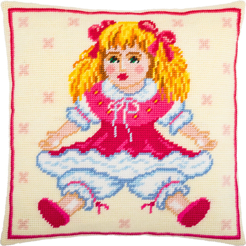 Brvsk Vintage Stamped Cross-Stitch Kit for Adults and Beginners — Doll 16″ × 16″ with Clear, Precise Printed Design on Cotton Canvas; Includes 2 Needles, Yarn, and Easy-Read Chart