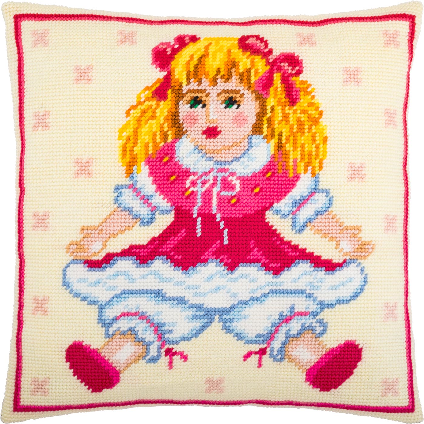 Brvsk Vintage Stamped Cross-Stitch Kit for Adults and Beginners — Doll 16″ × 16″ with Clear, Precise Printed Design on Cotton Canvas; Includes 2 Needles, Yarn, and Easy-Read Chart