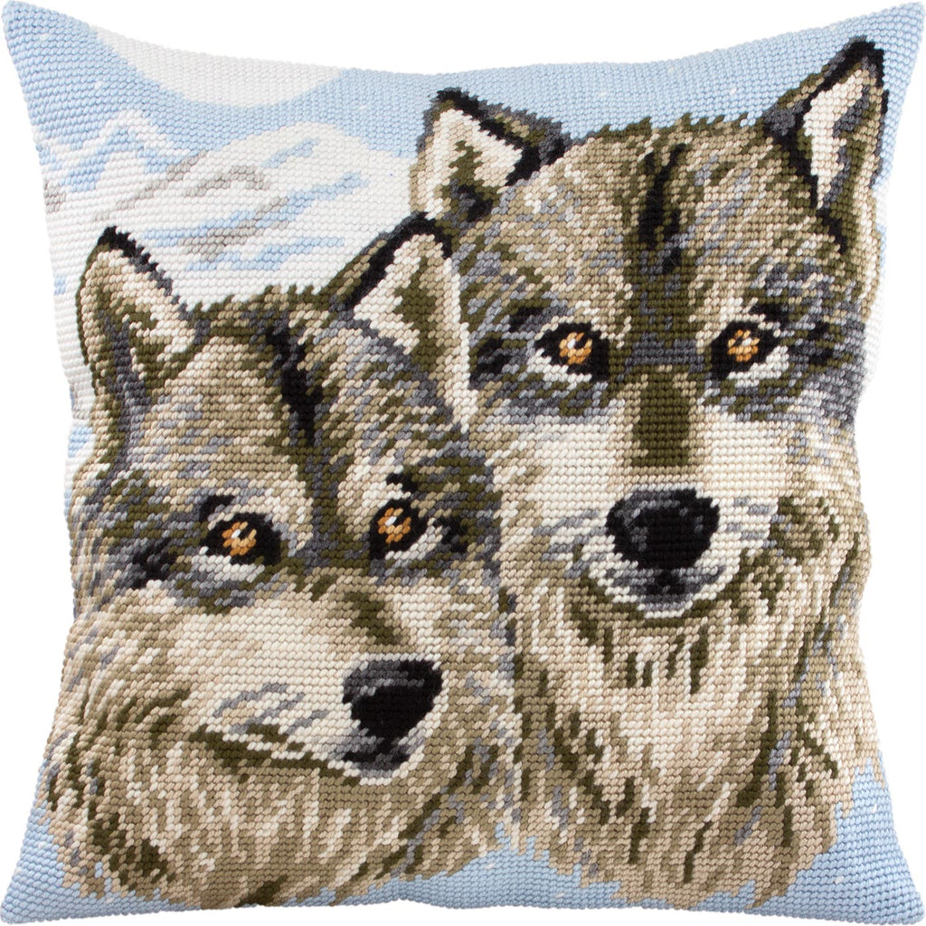 Brvsk Romantic Stamped Cross-Stitch Kit for Adults and Beginners — Wolves 16″ × 16″ with Clear, Precise Printed Design on Cotton Canvas; Includes 2 Needles, Yarn, and Easy-Read Chart
