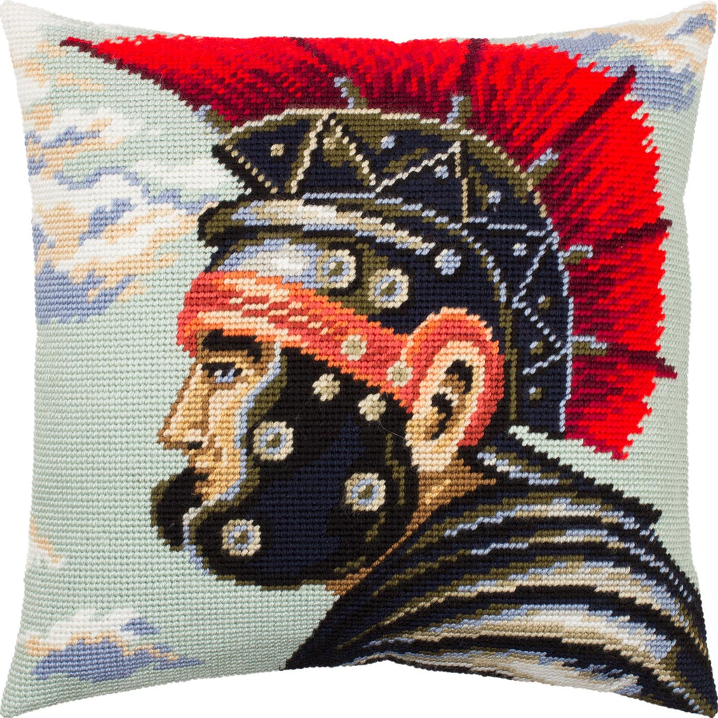 Brvsk Etnical Stamped Cross-Stitch Kit for Adults and Beginners — Roman Centurion 16″ × 16″ with Clear, Precise Printed Design on Cotton Canvas; Includes 2 Needles, Yarn, and Easy-Read Chart