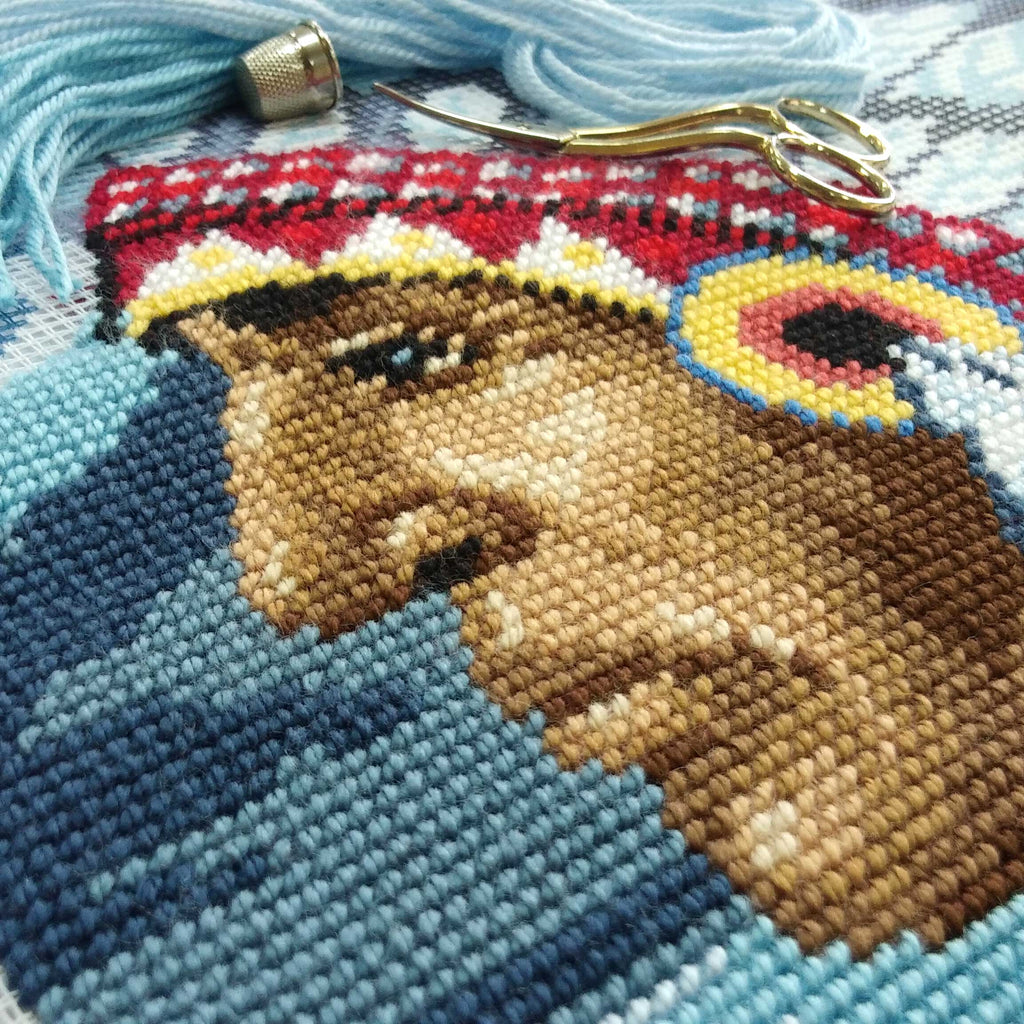 Brvsk Ethnic Needlepoint Kit for Adults and Beginners — Native American 16″ × 16″ with Clear, Precise Printed Design on Cotton Canvas; Includes 2 Needles, Yarn, and Easy-Read Chart
