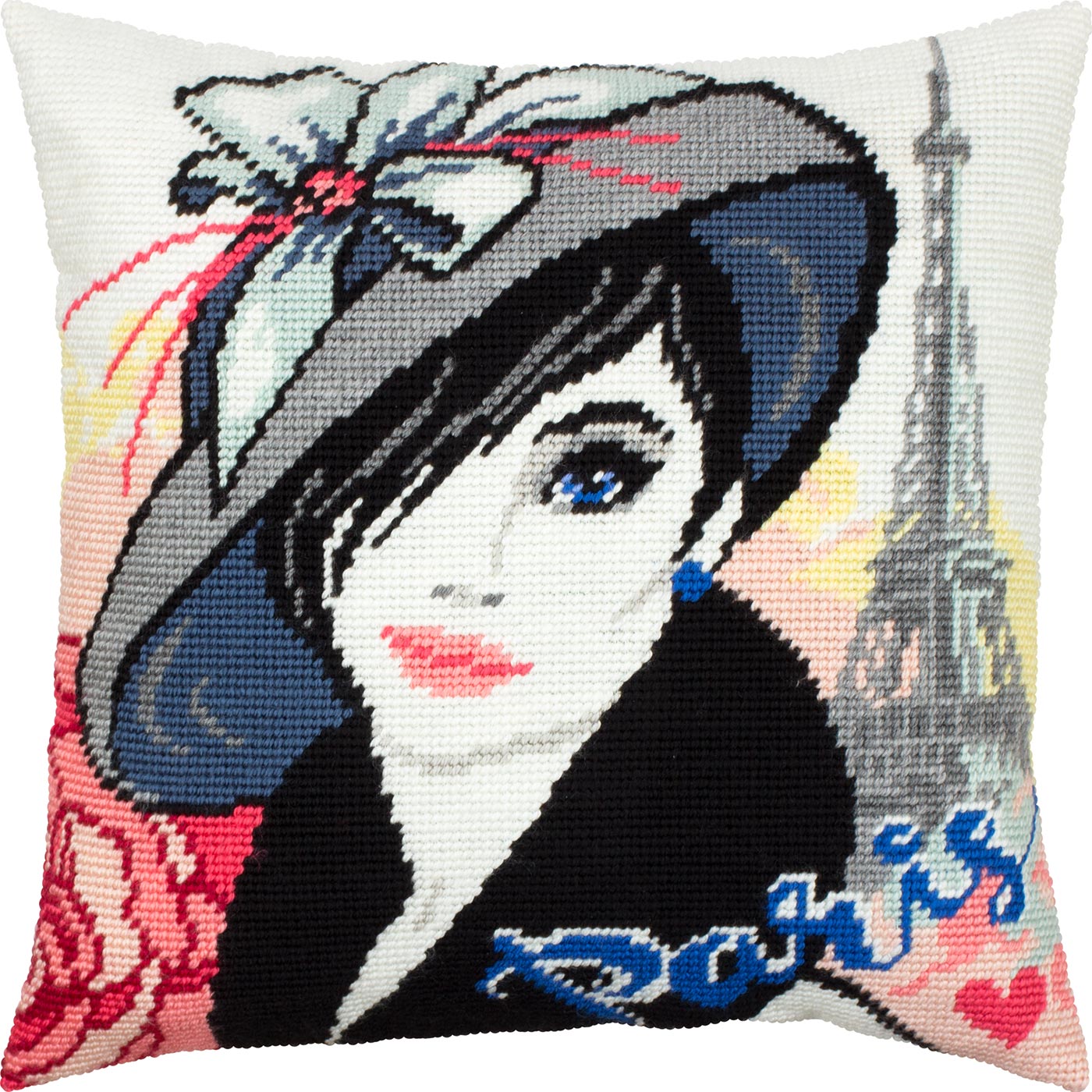 Brvsk Girlish Stamped Cross-Stitch Kit for Adults and Beginners — Parisian 16″ × 16″ with Clear, Precise Printed Design on Cotton Canvas; Includes 2 Needles, Yarn, and Easy-Read Chart