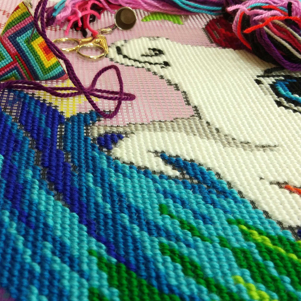 Brvsk Fantasy Needlepoint Kit for Adults and Beginners — Unicorn 16″ × 16″ with Clear, Precise Printed Design on Cotton Canvas; Includes 2 Needles, Yarn, and Easy-Read Chart