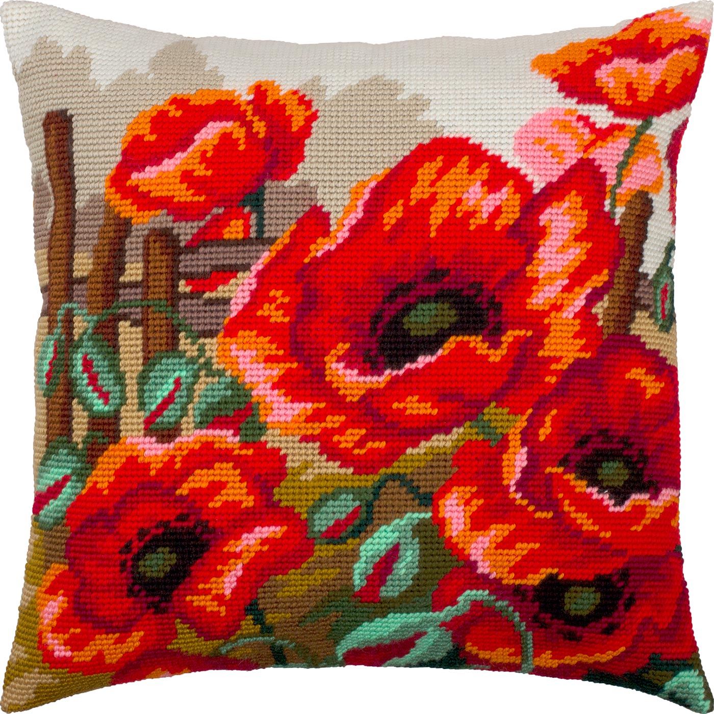 Brvsk Floral Stamped Cross-Stitch Kit for Adults and Beginners — Poppies 16″ × 16″ with Clear, Precise Printed Design on Cotton Canvas; Includes 2 Needles, Yarn, and Easy-Read Chart