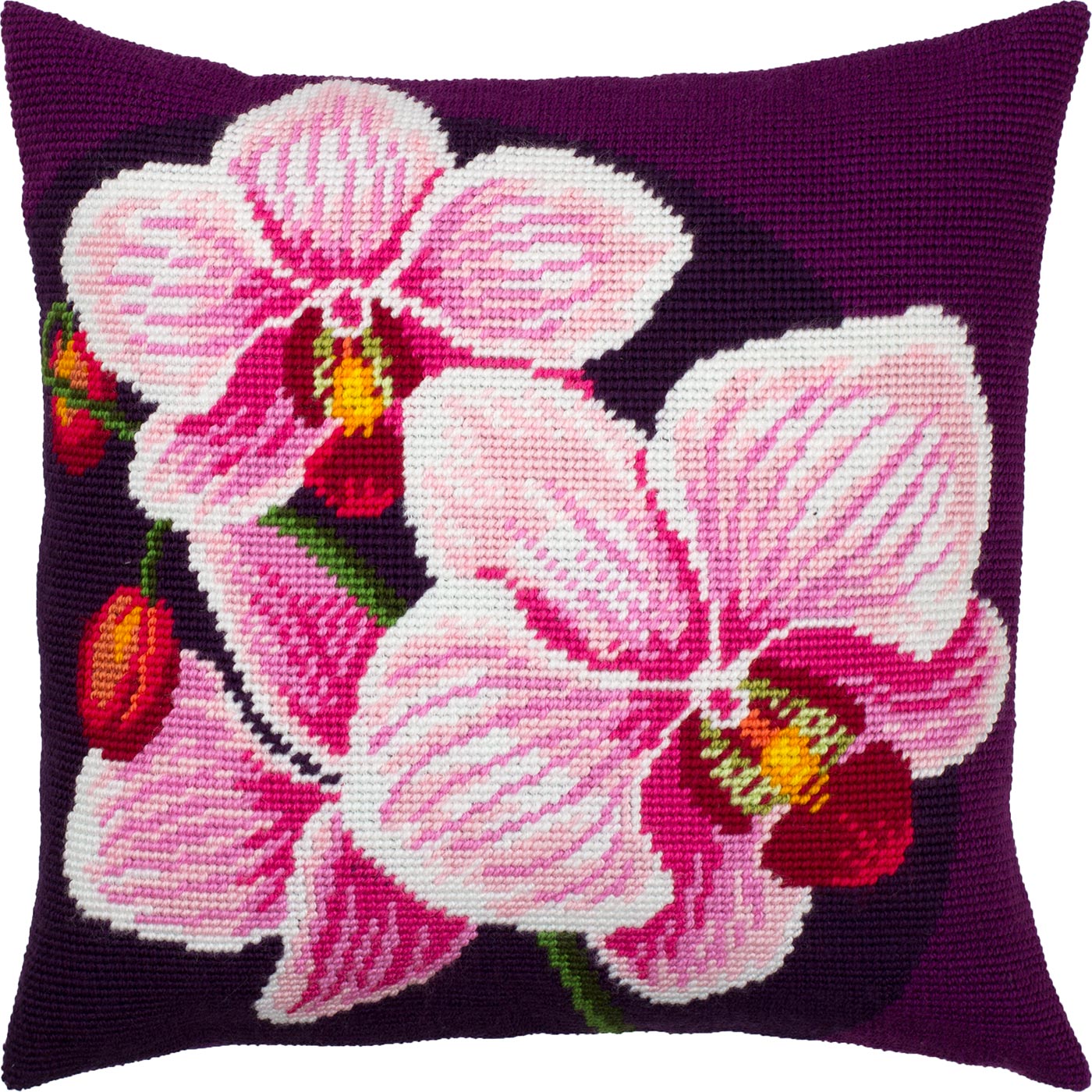 Brvsk Floral Embroidery Kit for Adults and Beginners — Pink Orchids 16″ × 16″ with Clear, Precise Printed Design on Cotton Canvas; Includes 2 Needles, Yarn, and Easy-Read Chart