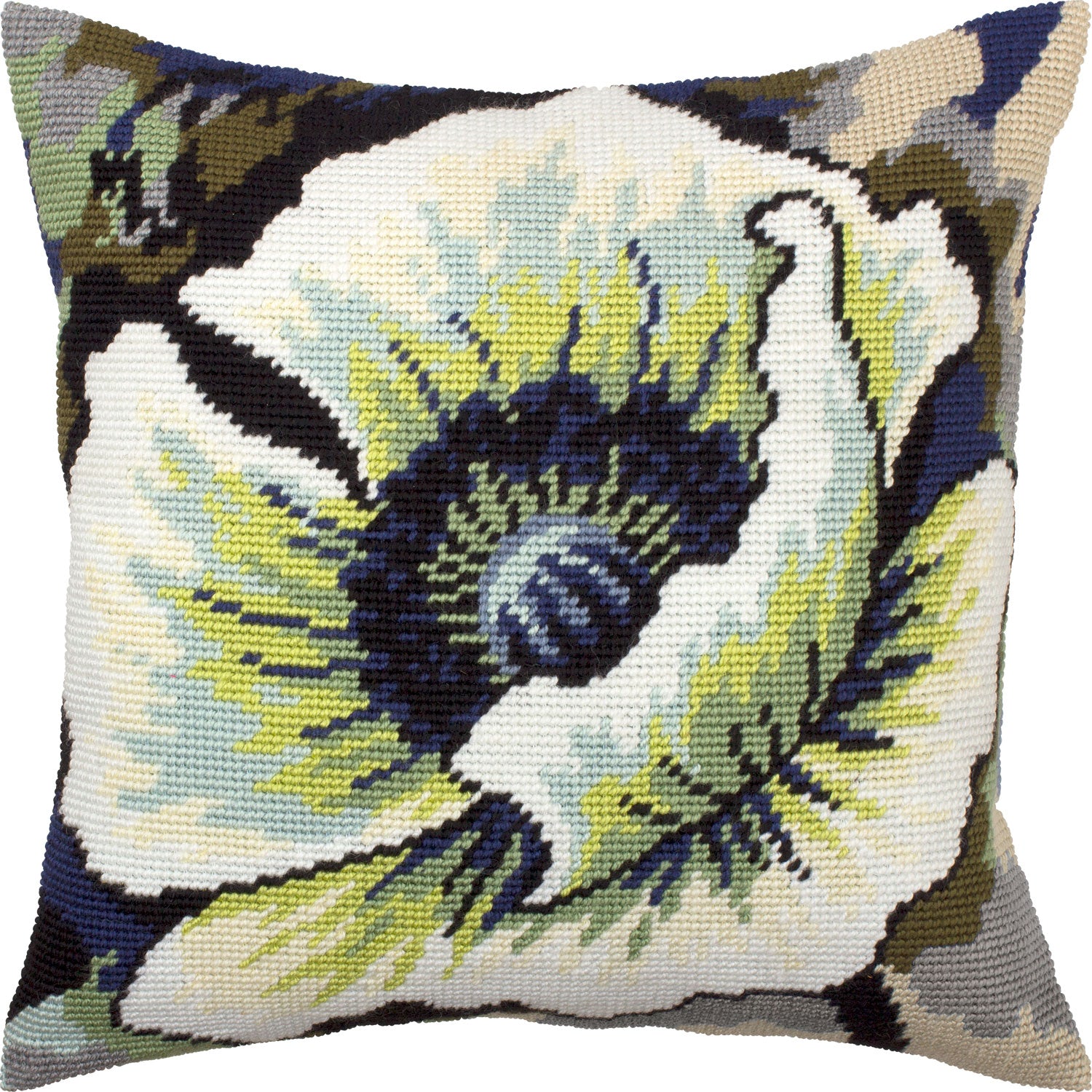 Brvsk Floral Needlepoint Kit for Adults and Beginners — Breadseed Poppy 16″ × 16″ with Clear, Precise Printed Design on Cotton Canvas; Includes 2 Needles, Yarn, and Easy-Read Chart