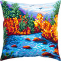 Brvsk Seasonal Embroidery Kit for Adults and Beginners — Valley in October 16″ × 16″ with Clear, Precise Printed Design on Cotton Canvas; Includes 2 Needles, Yarn, and Easy-Read Chart