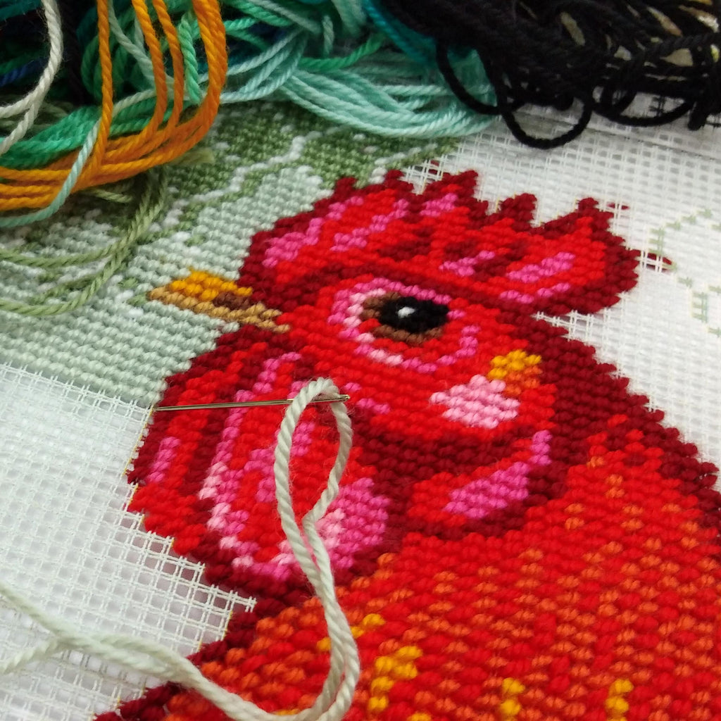 Brvsk Bird Needlepoint Kit for Adults and Beginners — Rooster 16″ × 16″ with Clear, Precise Printed Design on Cotton Canvas; Includes 2 Needles, Yarn, and Easy-Read Chart