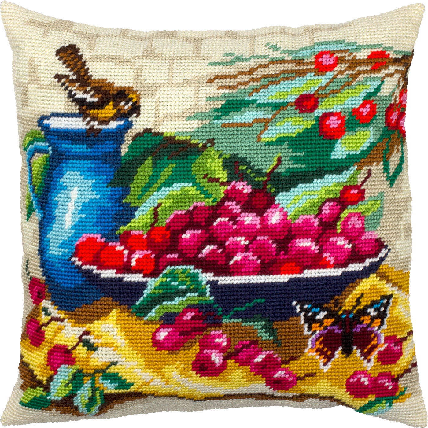 Sparrow and Cherries — Stamped Cross Stitch Kit 16″ × 16″ by Brvsk