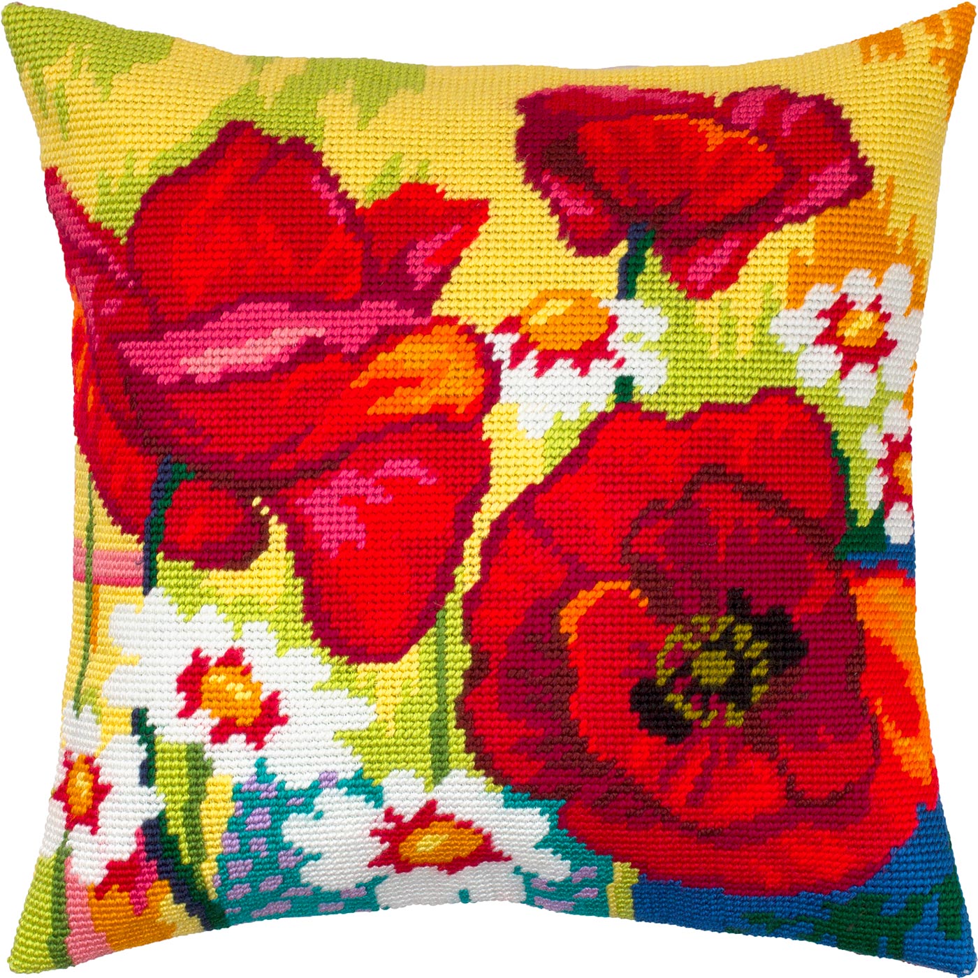 Brvsk Floral Stamped Cross-Stitch Kit for Adults and Beginners — Still Life with Poppies and Daisies 16″ × 16″ with Clear, Precise Printed Design on Cotton Canvas; Includes Needles and Yarn
