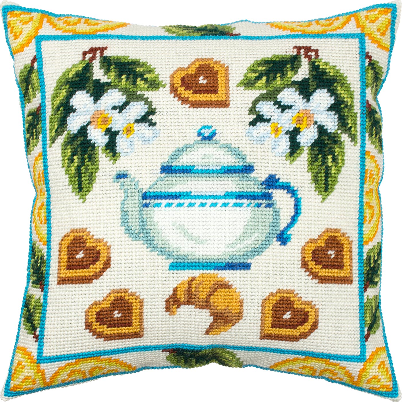 Brvsk Tea and Cookies. Embroidery Kit. Throw Pillow 16×16 Inches. Printed Tapestry Canvas, European Quality