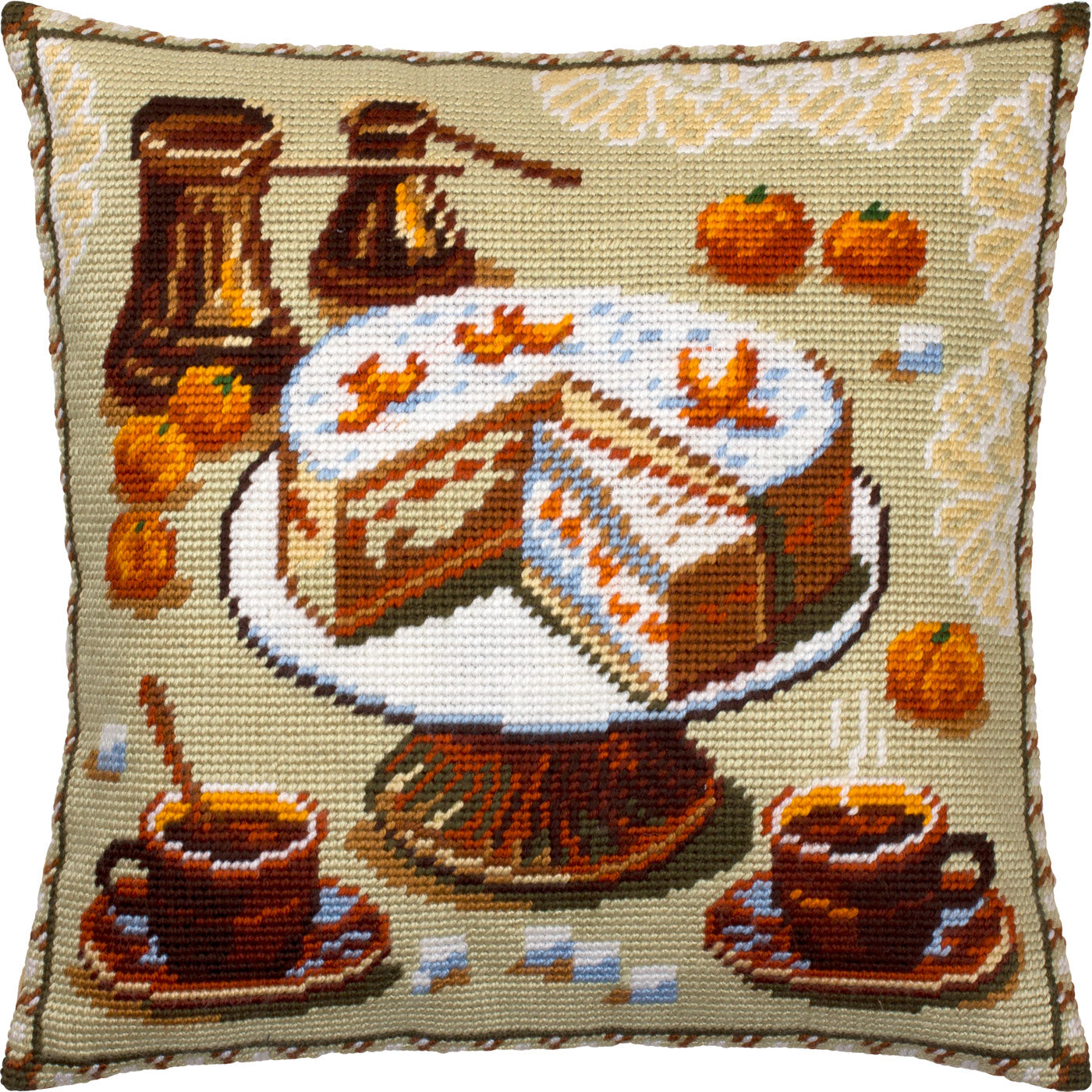 Brvsk Kitchen Embroidery Kit for Adults and Beginners — Coffee and a Tangerine Cake 16″ × 16″ with Clear, Precise Printed Design on Cotton Canvas; Includes 2 Needles, Yarn, and Easy-Read Chart