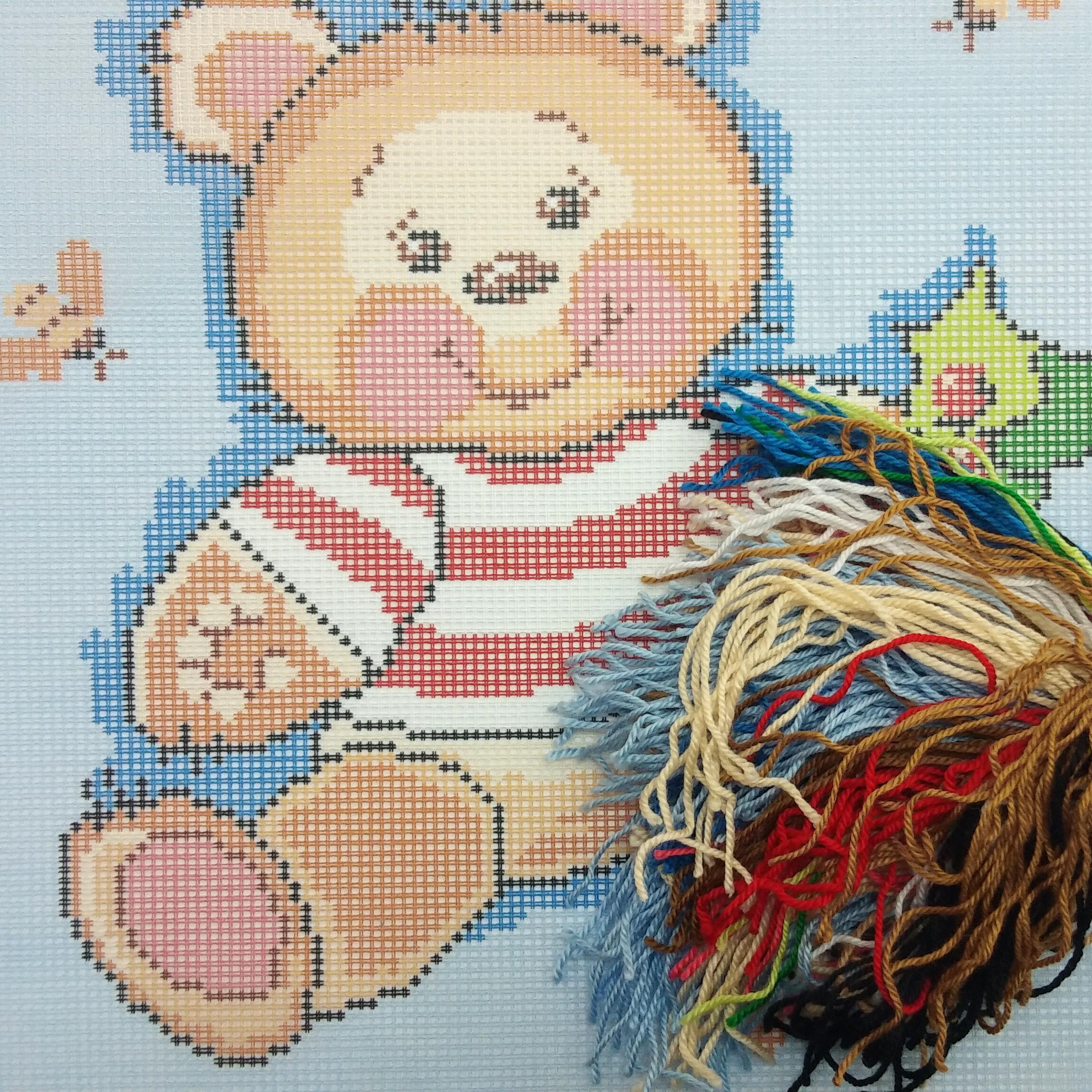 Brvsk Wholesome Needlepoint Kit for Adults and Beginners — Teddy Bear 16″ × 16″ with Clear, Precise Printed Design on Cotton Canvas; Includes 2 Needles, Yarn, and Easy-Read Chart