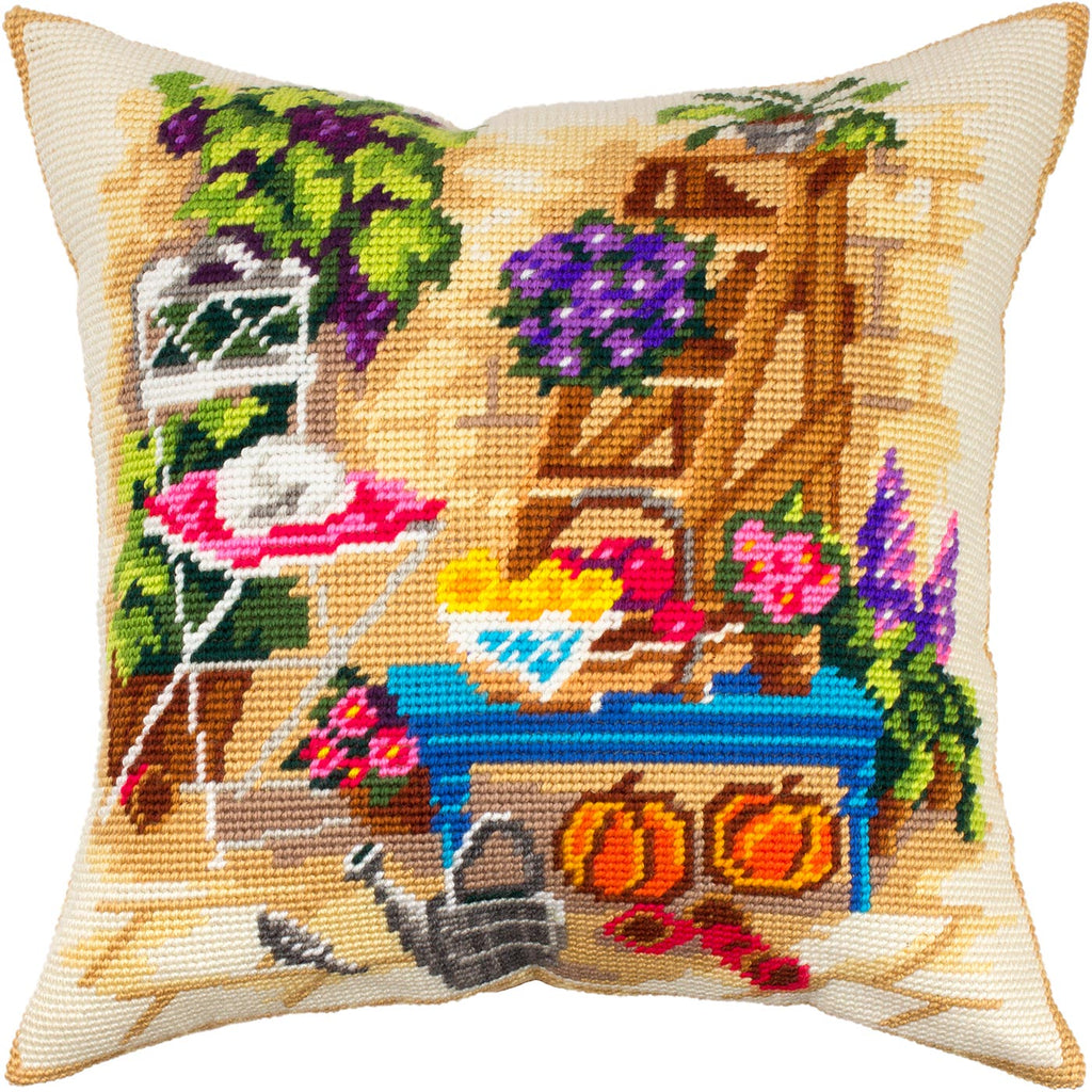 Watering Can at Backyard — Needlepoint Kit 16″ × 16″ by Brvsk