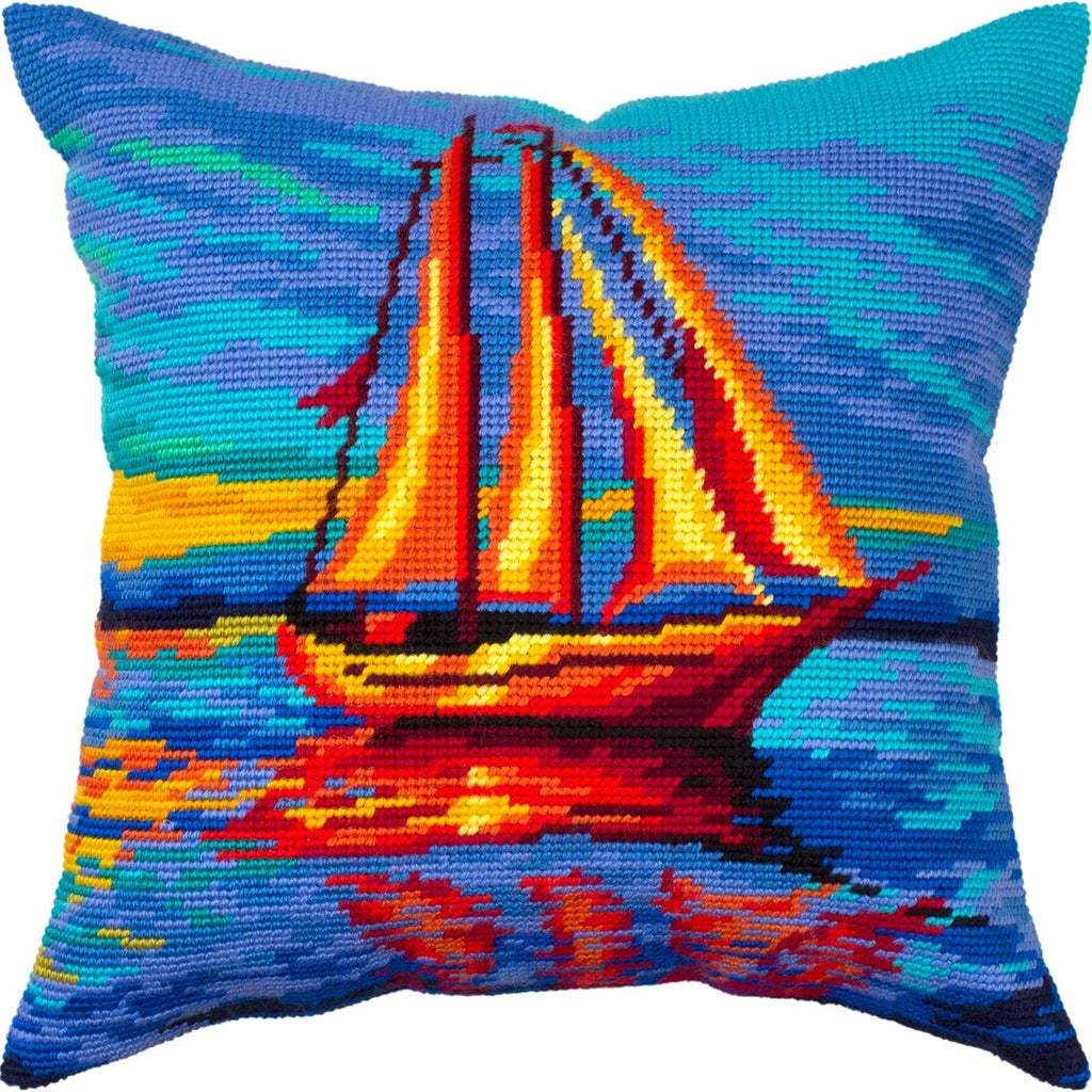 Brvsk Marine Stamped Cross-Stitch Kit for Adults and Beginners — Sunsetting 16″ × 16″ with Clear, Precise Printed Design on Cotton Canvas; Includes 2 Needles, Yarn, and Easy-Read Chart