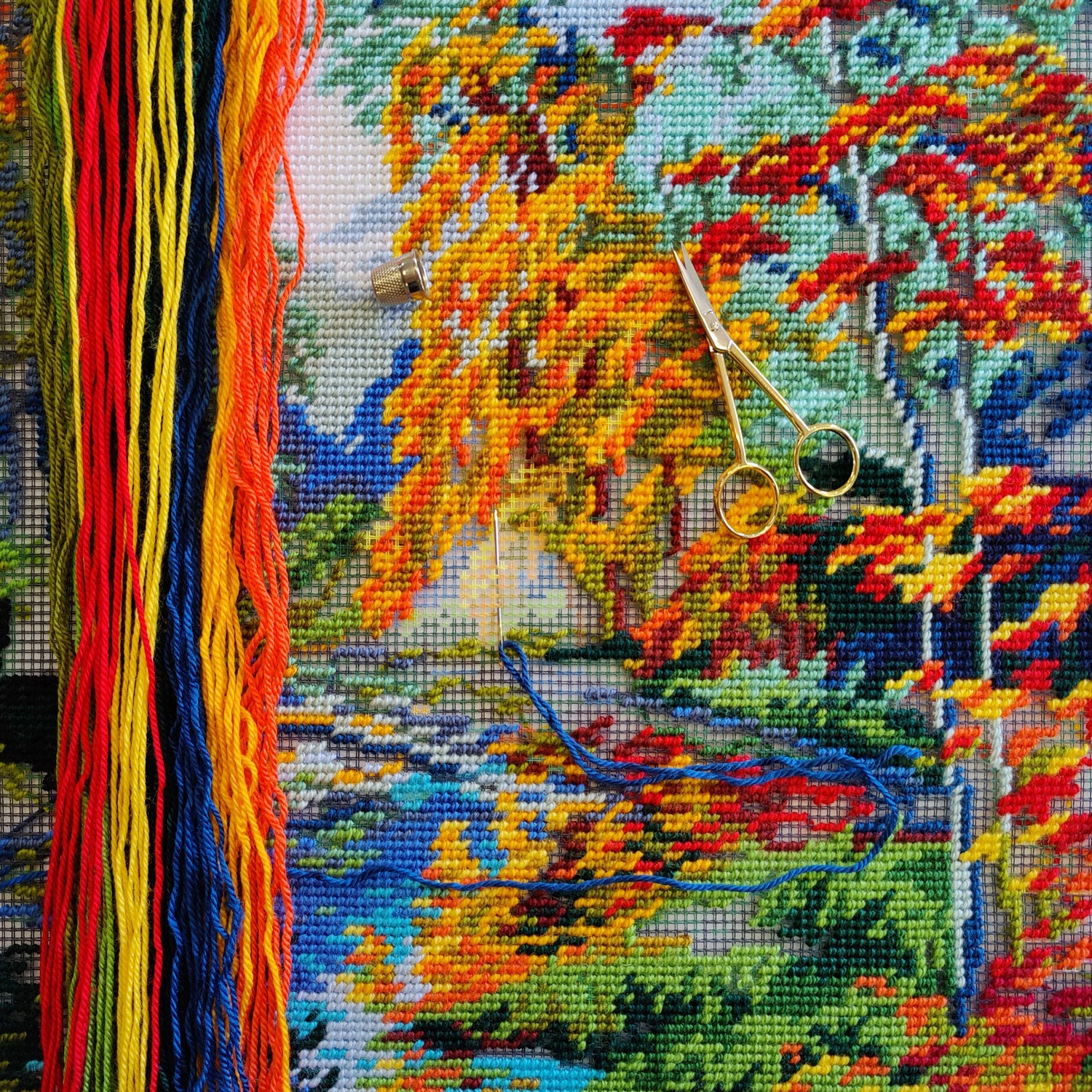Brvsk Landscape Stamped Cross-Stitch Kit for Adults and Beginners — Autumn Park 16″ × 16″ with Clear, Precise Printed Design on Cotton Canvas; Includes 2 Needles, Yarn, and Easy-Read Chart