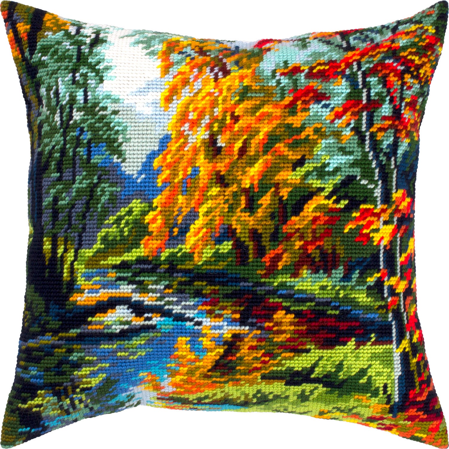 Brvsk Landscape Stamped Cross-Stitch Kit for Adults and Beginners — Autumn Park 16″ × 16″ with Clear, Precise Printed Design on Cotton Canvas; Includes 2 Needles, Yarn, and Easy-Read Chart