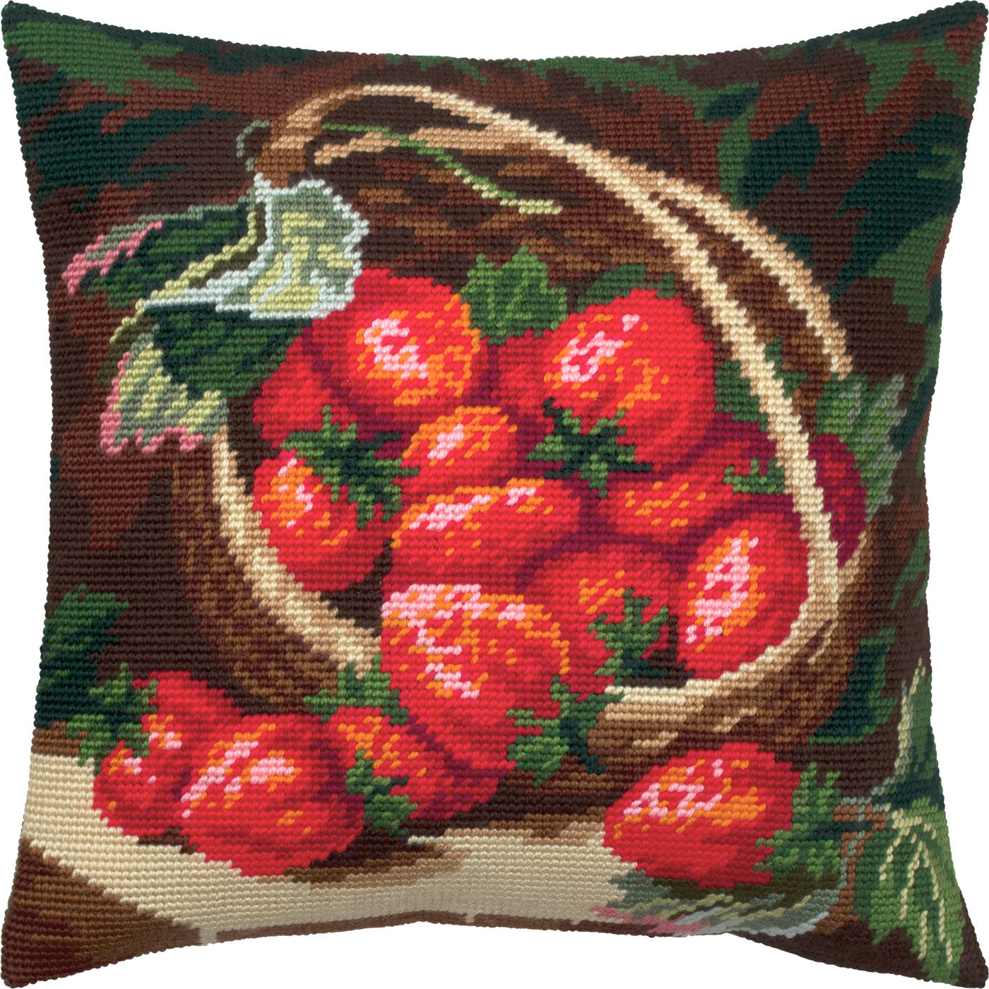 Brvsk Stamped Cross Stitch Pillow Kit — Strawberries in a Wicker Basket, 16″ × 16″