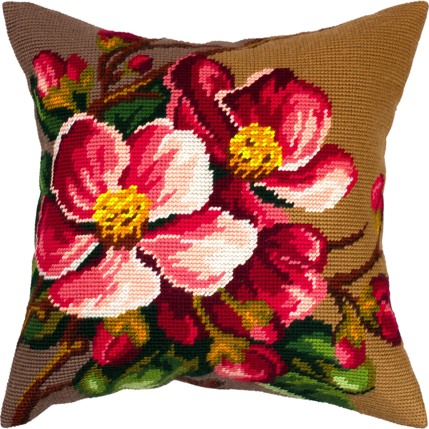 Brvsk Floral Embroidery Kit for Adults and Beginners — Crabapple Blossom 16″ × 16″ with Clear, Precise Printed Design on Cotton Canvas; Includes 2 Needles, Yarn, and Easy-Read Chart