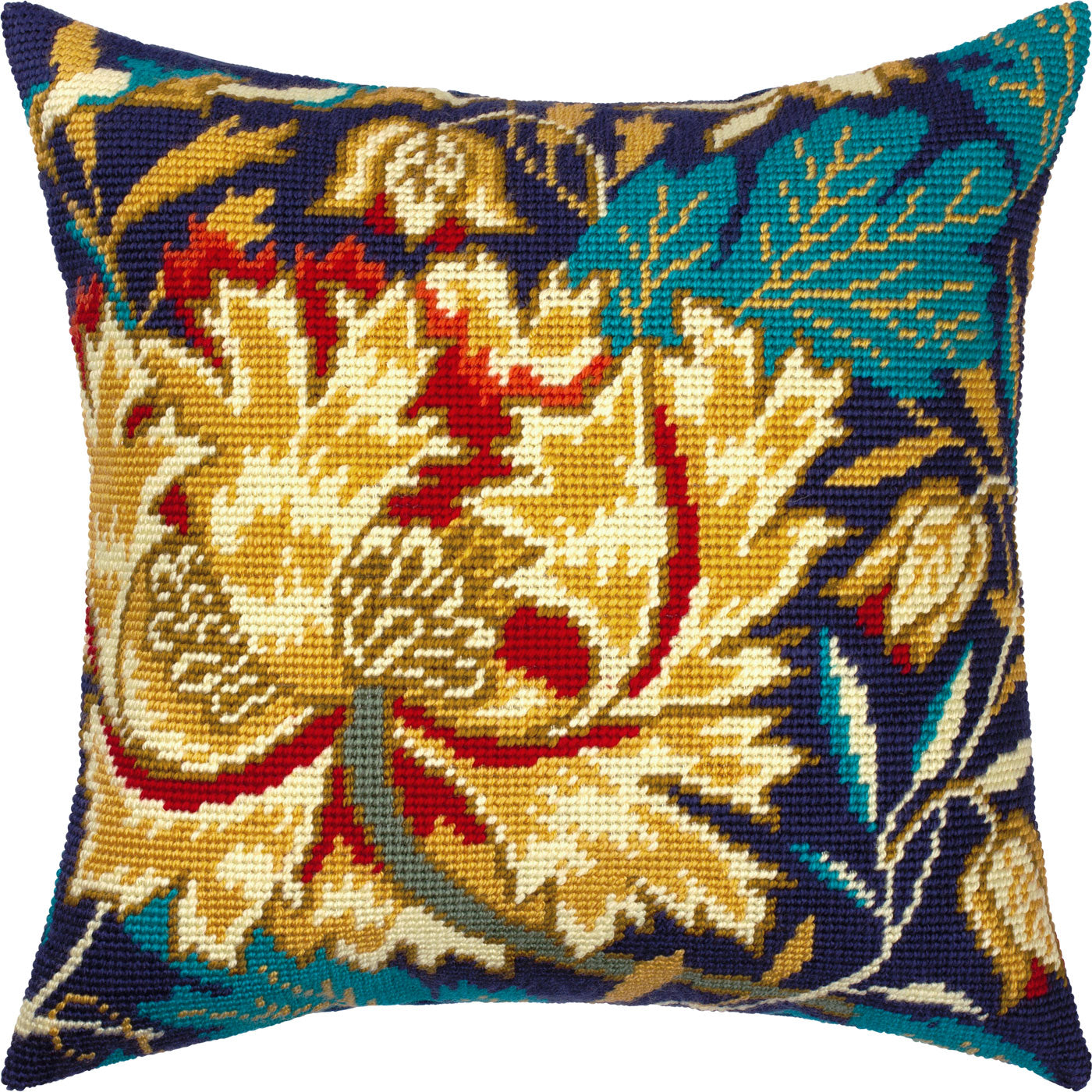 Brvsk Floral Needlepoint Kit for Adults and Beginners — Tulip by William Morris 16″ × 16″ with Clear, Precise Printed Design on Cotton Canvas; Includes 2 Needles, Yarn, and Easy-Read Chart