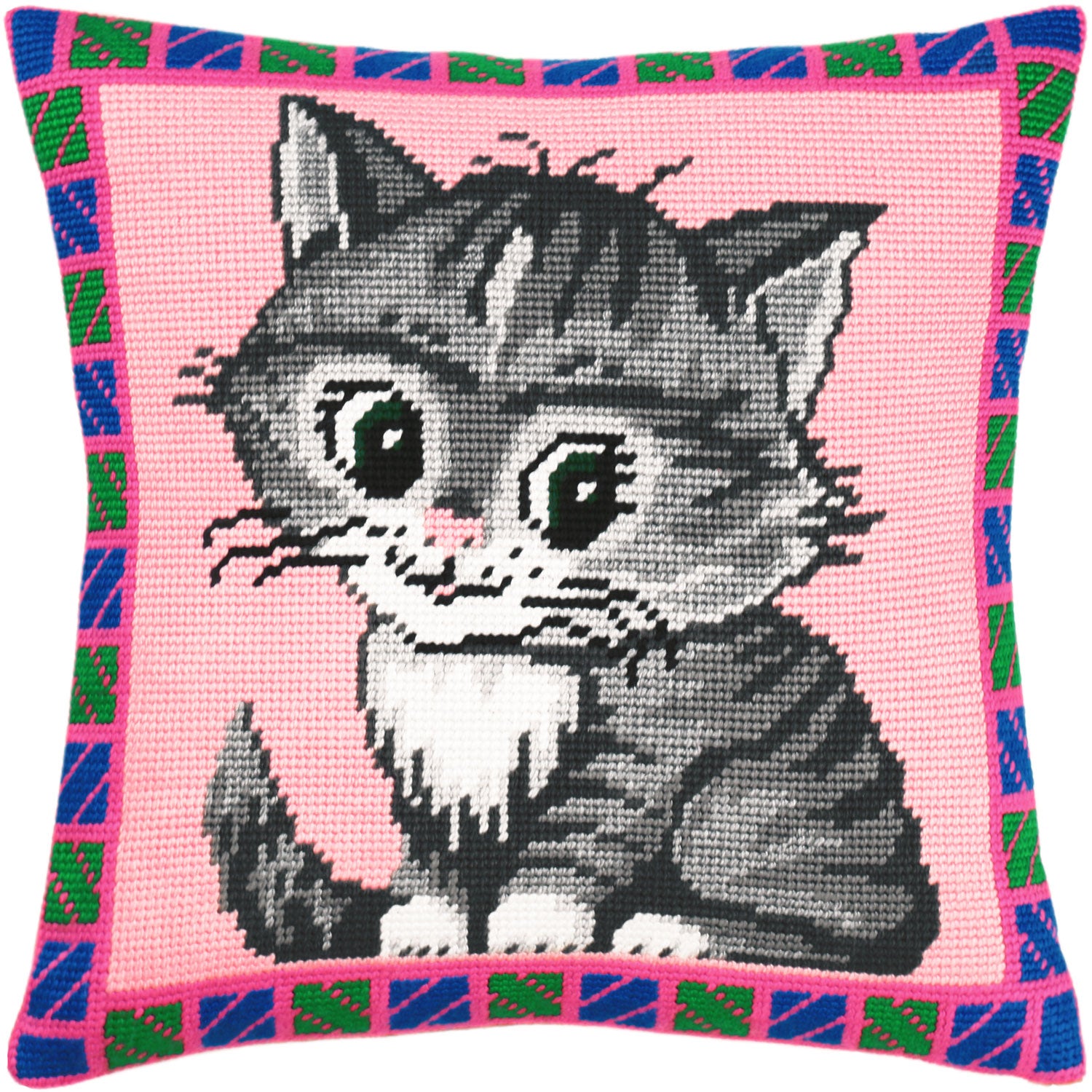 Brvsk Ferine Embroidery Kit for Adults and Beginners — Pussycat 16″ × 16″ with Clear, Precise Printed Design on Cotton Canvas; Includes 2 Needles, Yarn, and Easy-Read Chart