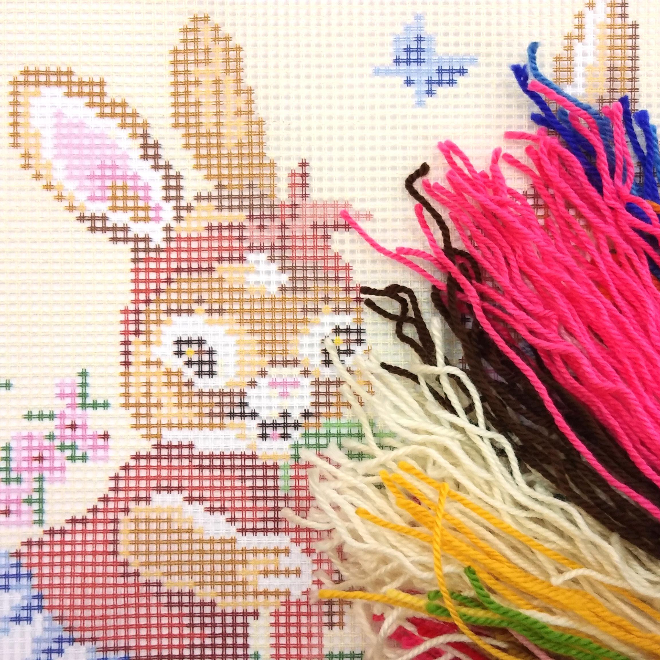 Brvsk Playful Needlepoint Kit for Adults and Beginners — Rabbits The Farmers 16″ × 16″ with Clear, Precise Printed Design on Cotton Canvas; Includes 2 Needles, Yarn, and Easy-Read Chart