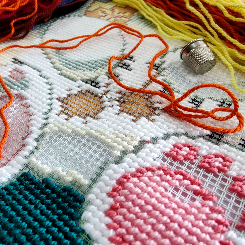 Bear in a Trapper Hat — Needlepoint Kit 16″ × 16″ by Brvsk