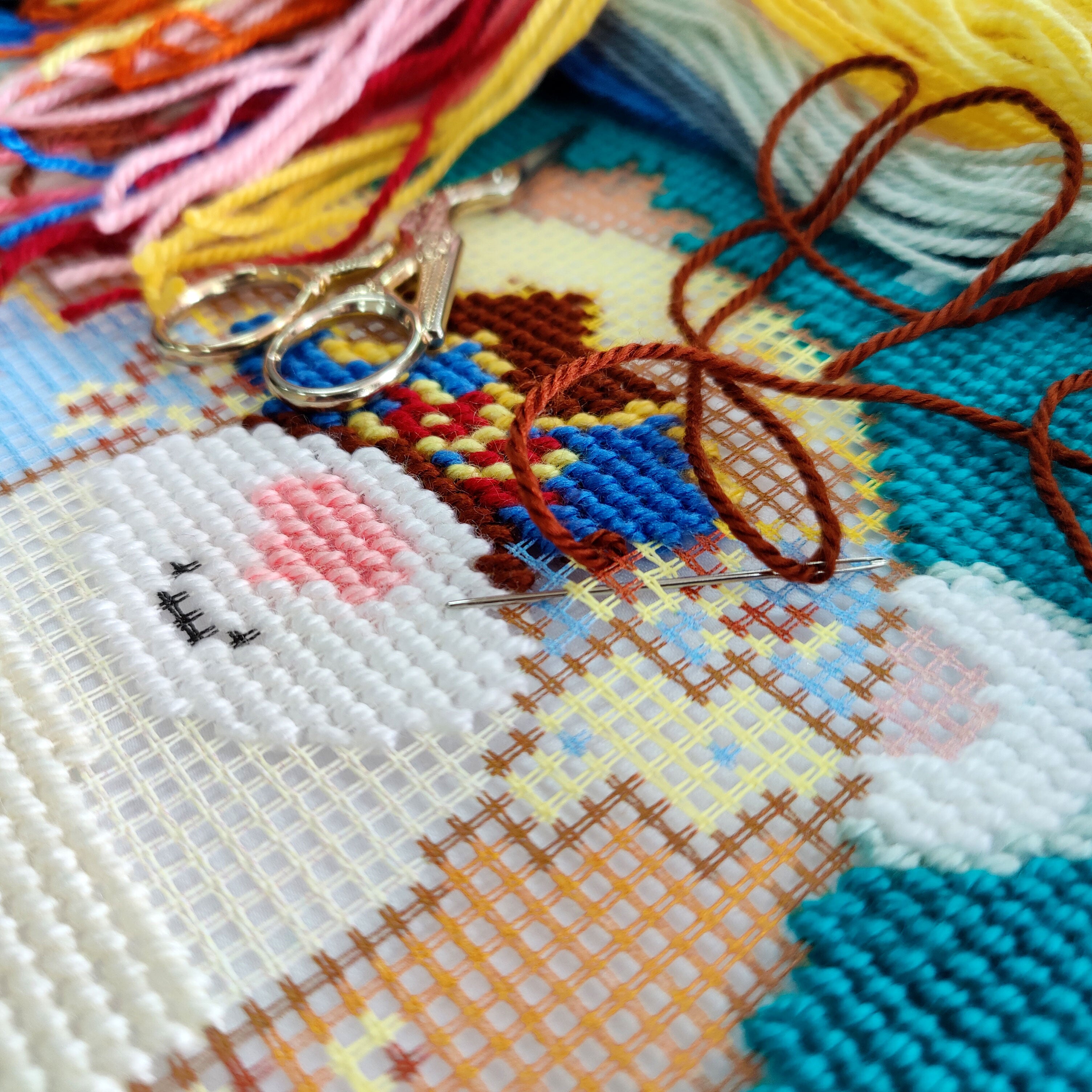 Bear in a Trapper Hat — Needlepoint Kit 16″ × 16″ by Brvsk