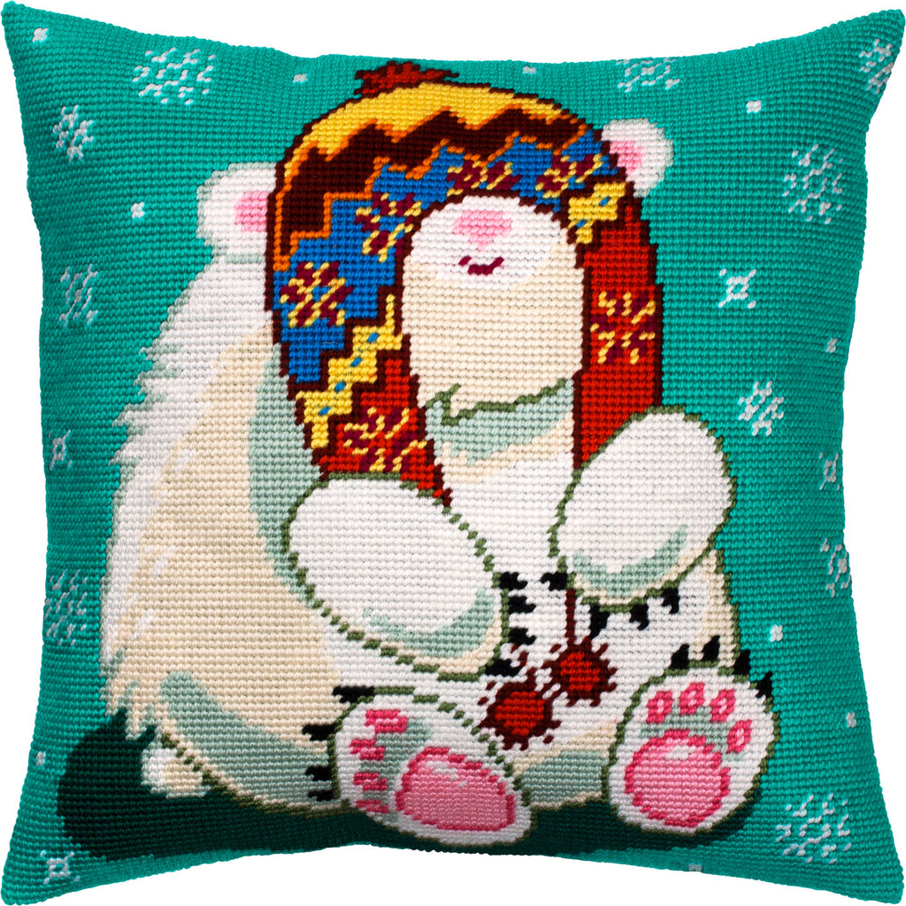Brvsk Winter Needlepoint Kit for Adults and Beginners — Bear in a Trapper Hat 16″ × 16″ with Clear, Precise Printed Design on Cotton Canvas; Includes 2 Needles, Yarn, and Easy-Read Chart