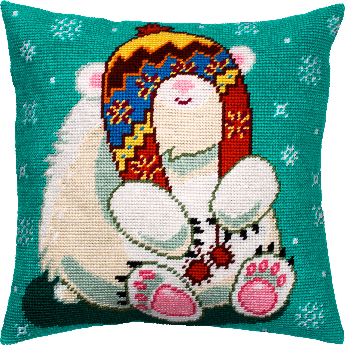 Brvsk Winter Needlepoint Kit for Adults and Beginners — Bear in a Trapper Hat 16″ × 16″ with Clear, Precise Printed Design on Cotton Canvas; Includes 2 Needles, Yarn, and Easy-Read Chart