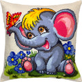 Brvsk Playful Embroidery Kit for Adults and Beginners — Funny Elephant 16″ × 16″ with Clear, Precise Printed Design on Cotton Canvas; Includes 2 Needles, Yarn, and Easy-Read Chart