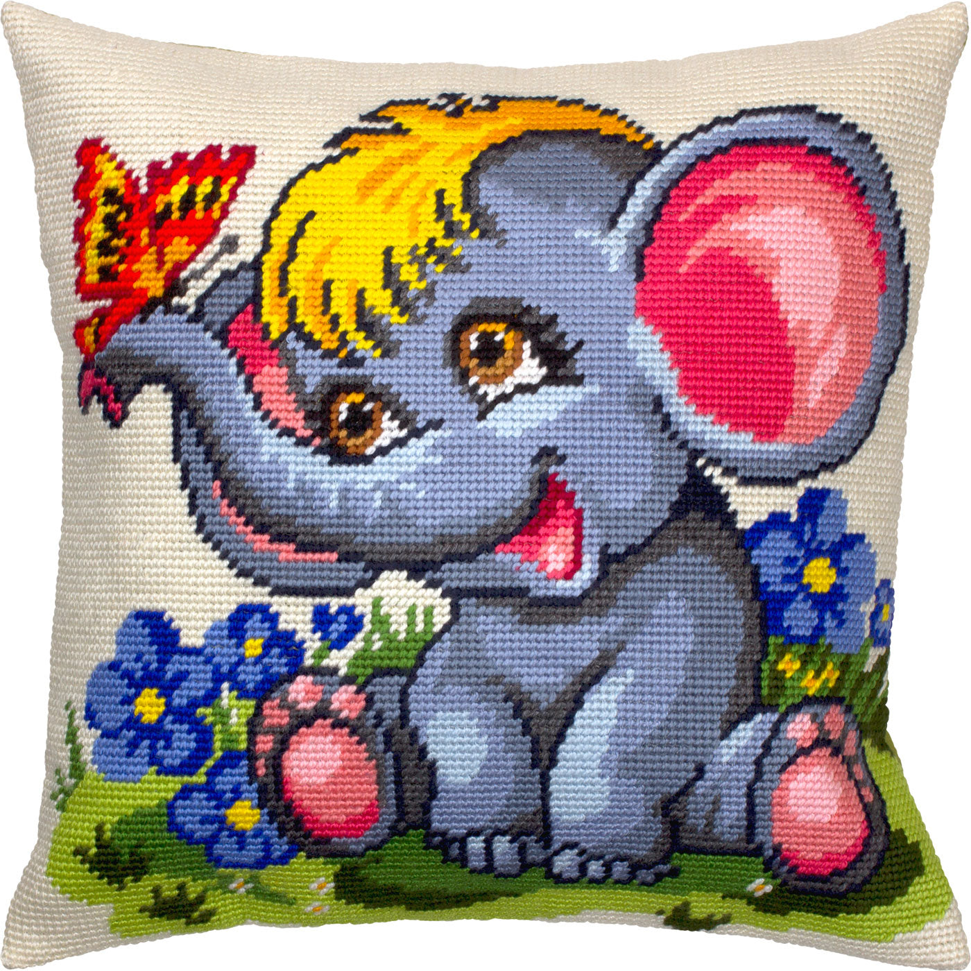 Brvsk Playful Embroidery Kit for Adults and Beginners — Funny Elephant 16″ × 16″ with Clear, Precise Printed Design on Cotton Canvas; Includes 2 Needles, Yarn, and Easy-Read Chart