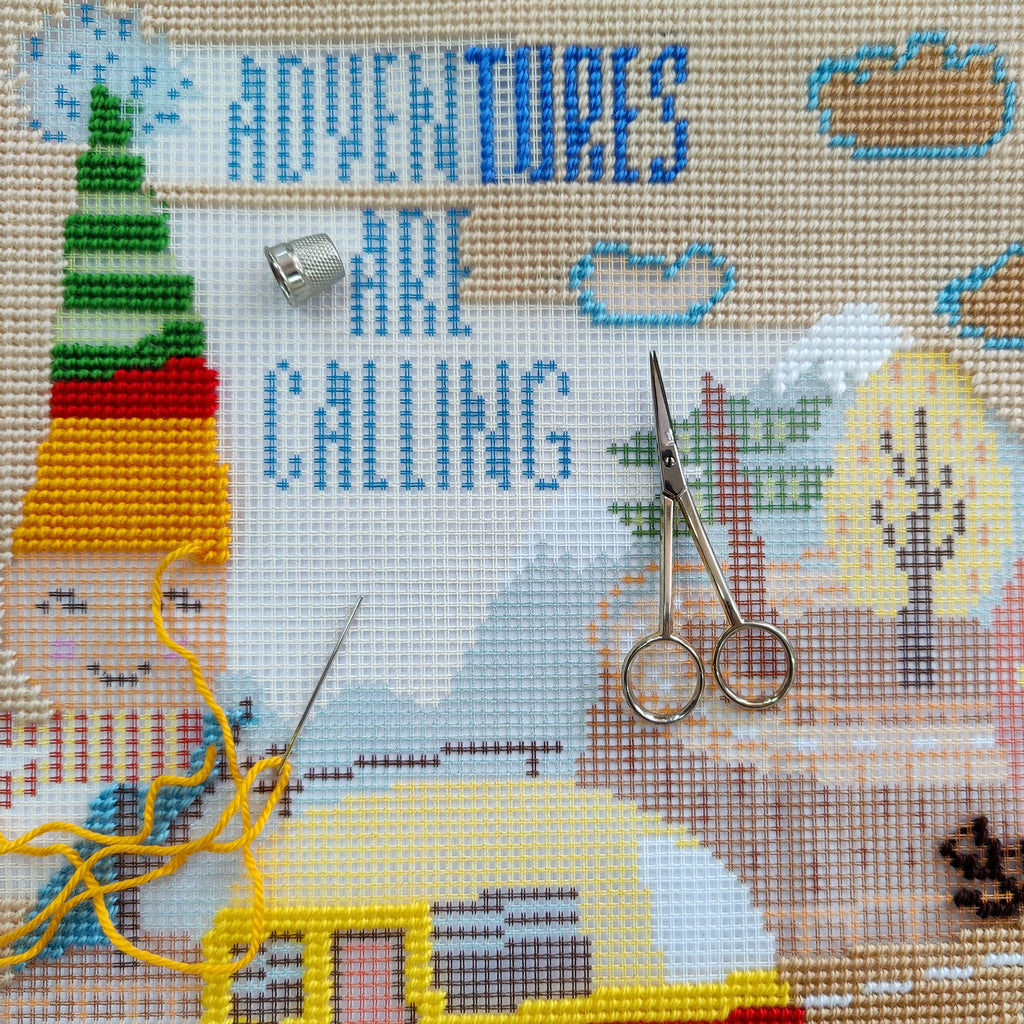 Brvsk Storybook Needlepoint Kit for Adults and Beginners — Adventures are Calling 16″ × 16″ with Clear, Precise Printed Design on Cotton Canvas; Includes 2 Needles, Yarn, and Easy-Read Chart
