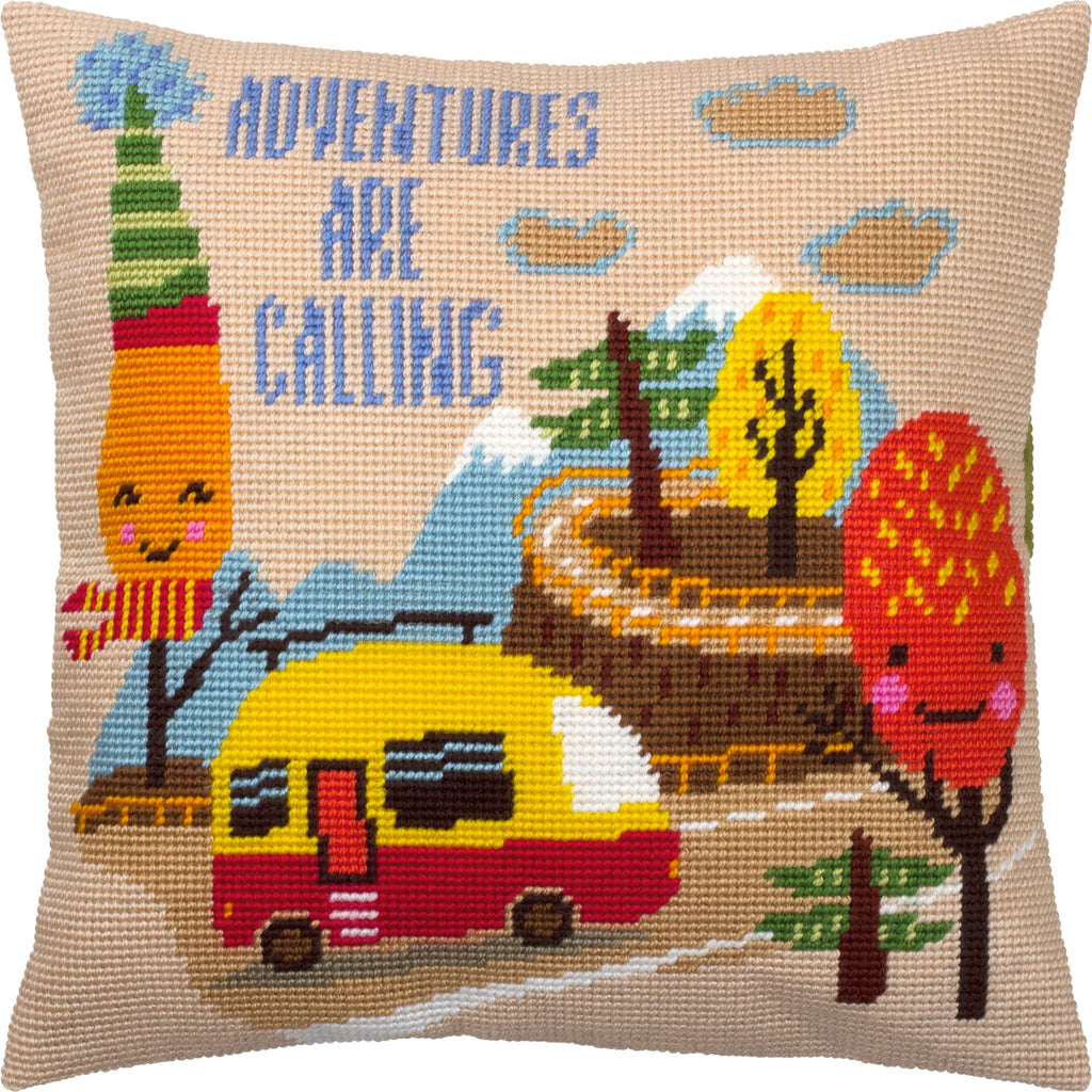 Brvsk Storybook Needlepoint Kit for Adults and Beginners — Adventures are Calling 16″ × 16″ with Clear, Precise Printed Design on Cotton Canvas; Includes 2 Needles, Yarn, and Easy-Read Chart