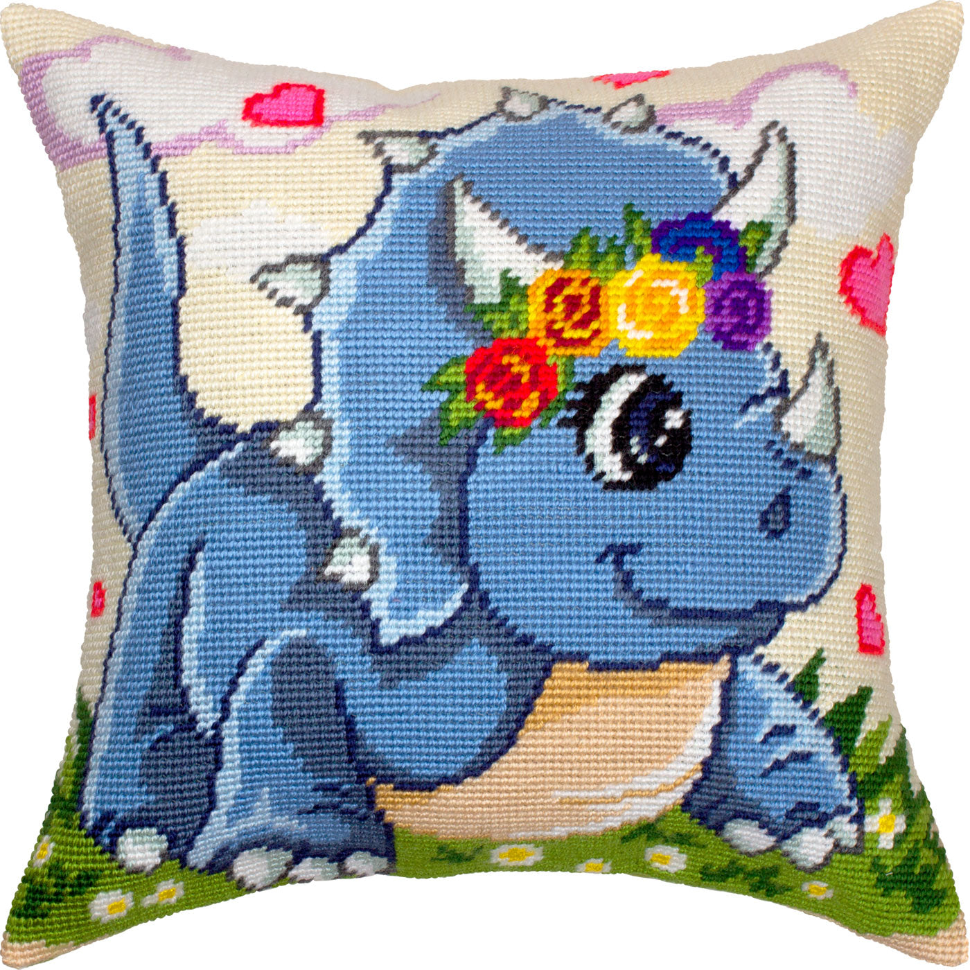 Brvsk Playful Stamped Cross-Stitch Kit for Adults and Beginners — Little Triceratops 16″ × 16″ with Clear, Precise Printed Design on Cotton Canvas; Includes 2 Needles, Yarn, and Easy-Read Chart