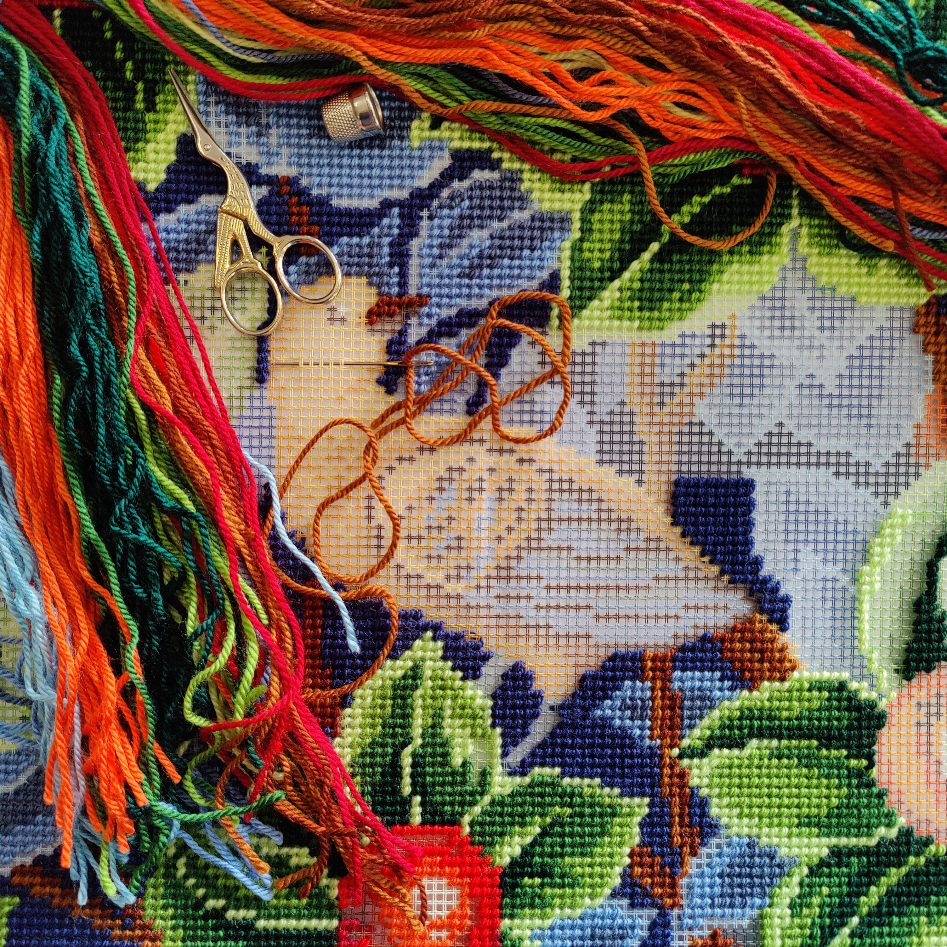 Brvsk Tapestry Embroidery Kit for Adults and Beginners — Bird by William Morris 16″ × 16″ with Clear, Precise Printed Design on Cotton Canvas; Includes 2 Needles, Yarn, and Easy-Read Chart