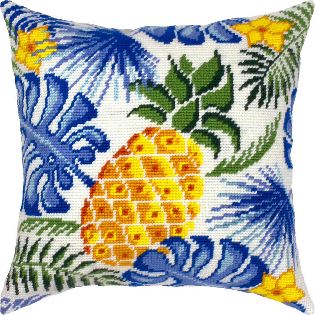 Brvsk Tropical Needlepoint Kit for Adults and Beginners — Pineapple 16″ × 16″ with Clear, Precise Printed Design on Cotton Canvas; Includes 2 Needles, Yarn, and Easy-Read Chart